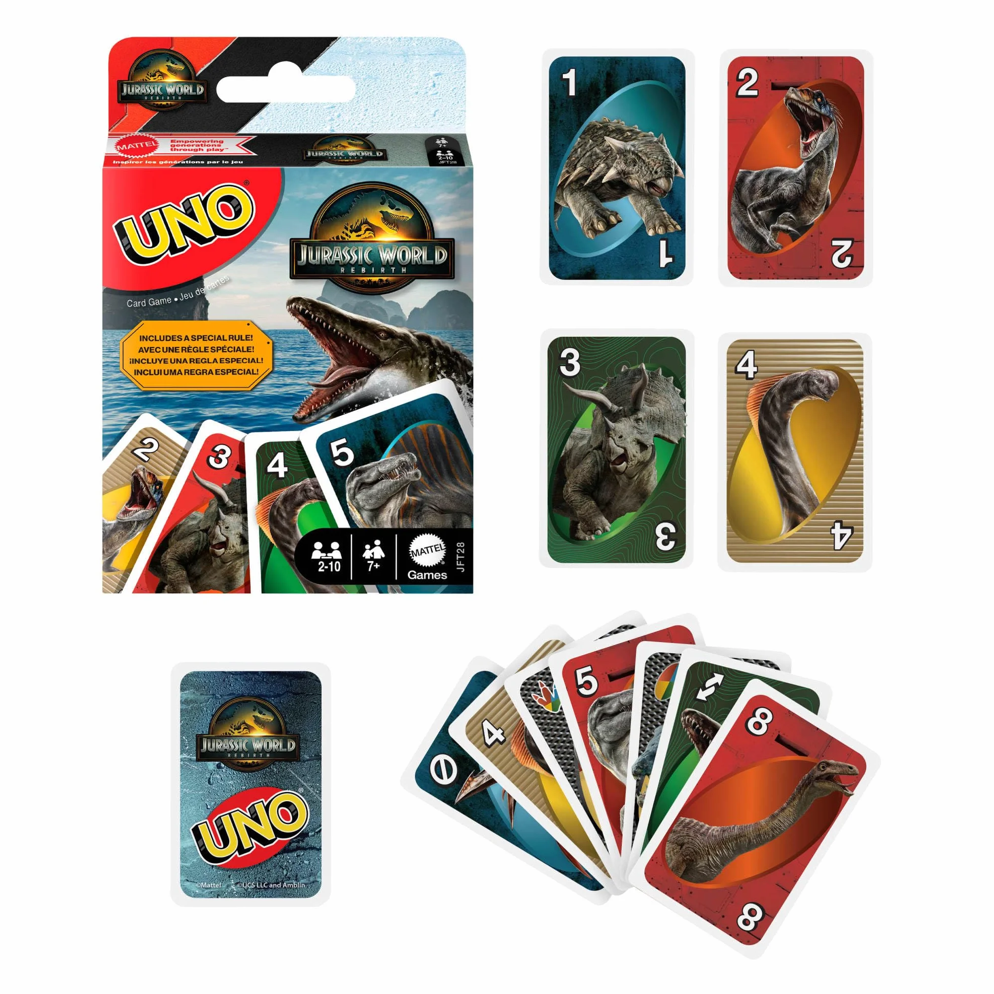 Mattel Games, Karty UNO Jurassic World Odrodzenie Gra karciana dla dzieci, rodzin i dorosłych na wieczór gier, talia z regułą specjalną i grafikami inspirowanymi filmem, JFT28
