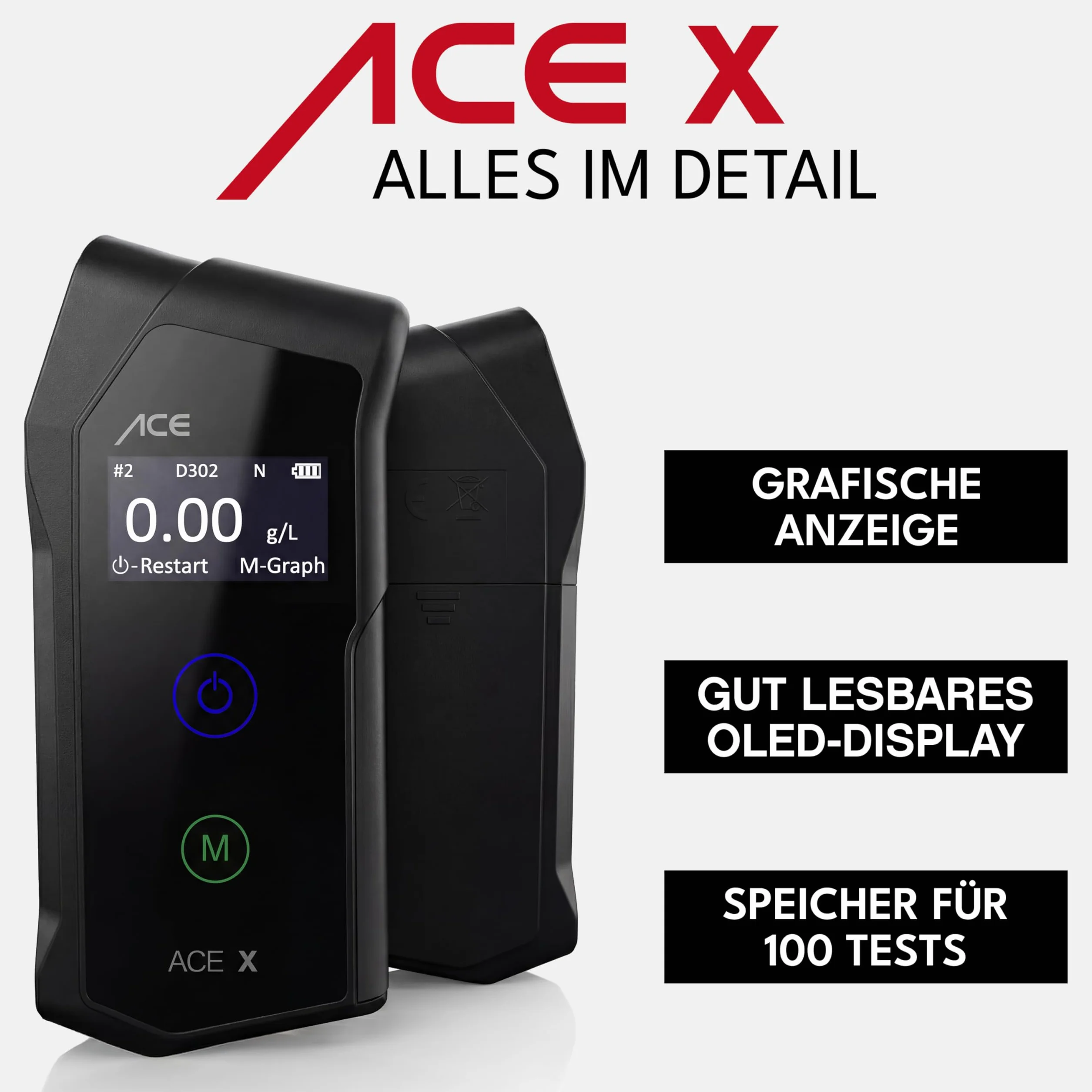 Alkomat ACE X – alkomat o dokładności 99,1% według Uniwersytetu Technicznego w Wiedniu – elektrochemiczny i zgodny z normami policyjnymi – profesjonalny miernik alkoholu