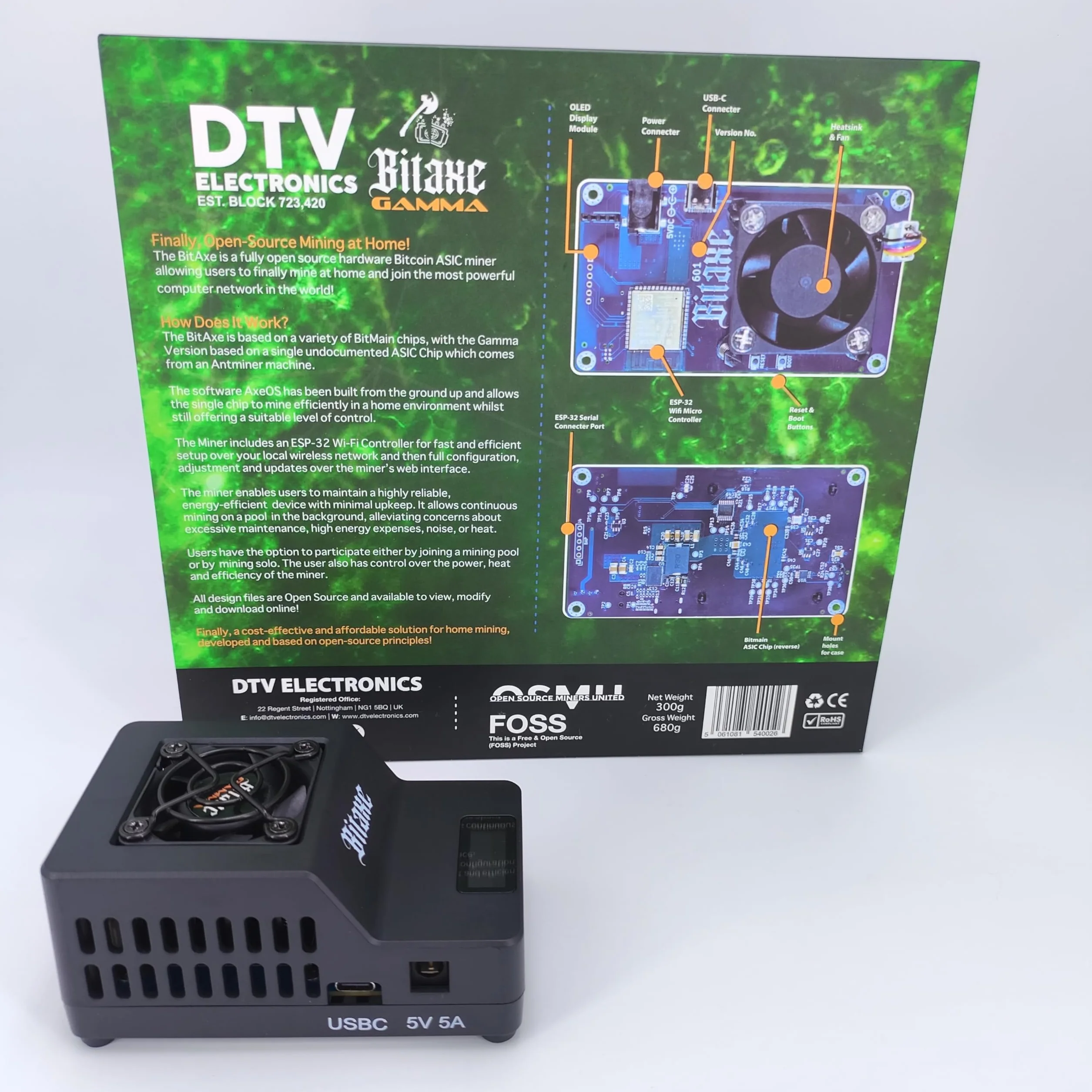 DTV ELECTRONICS Bitaxe Gamma 602 Bitcoin ASIC Miner – 1,2 TH/s przy 18W niskiego poboru mocy, obudowa formowana wtryskowo, cichy, open-source miner Bitaxe do kopania solo i w domu