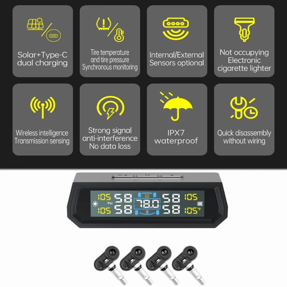T-PMS system monitorowania ciśnienia w oponach, system monitorowania ciśnienia w oponach z zasilaniem energią słoneczną/USB, automatyczny system alarmowy ciśnienia w oponach, wodoodporność IPX7, 4