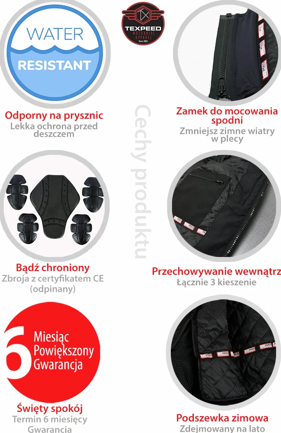 Texpeed Kurtka motocyklowa skóra z pancerzem CE EN 1621-1 Brązowy M 4 sezony