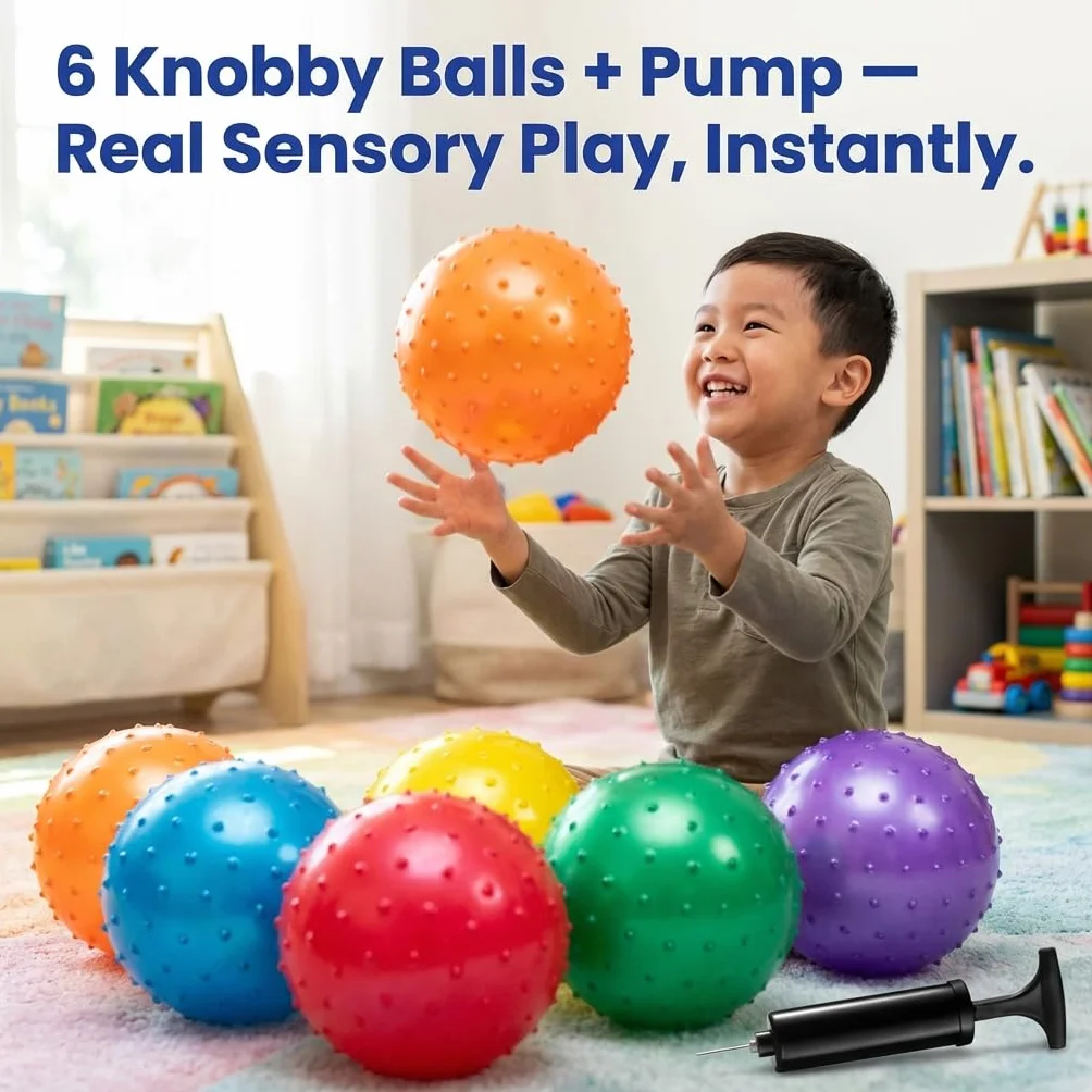 Bedwina Knobby Balls – pakiet 6 piłek sensorycznych 17,8 cm z kolcami i pompką, zabawne i sprężyste dla małych dzieci, upominki na imprezy i drobne prezenty świąteczne