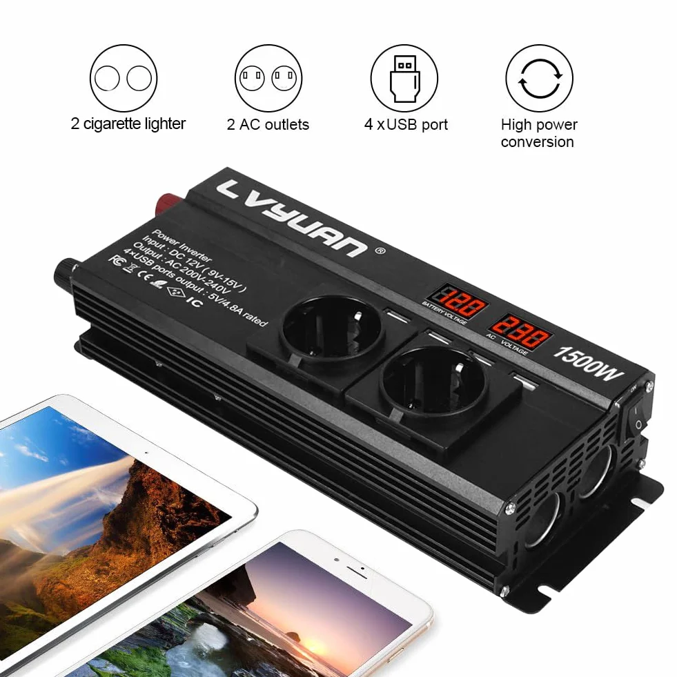 Yinleader Power Inverter 12V 230V 1500W Falownik z 4 USB i 2 Gniazdami