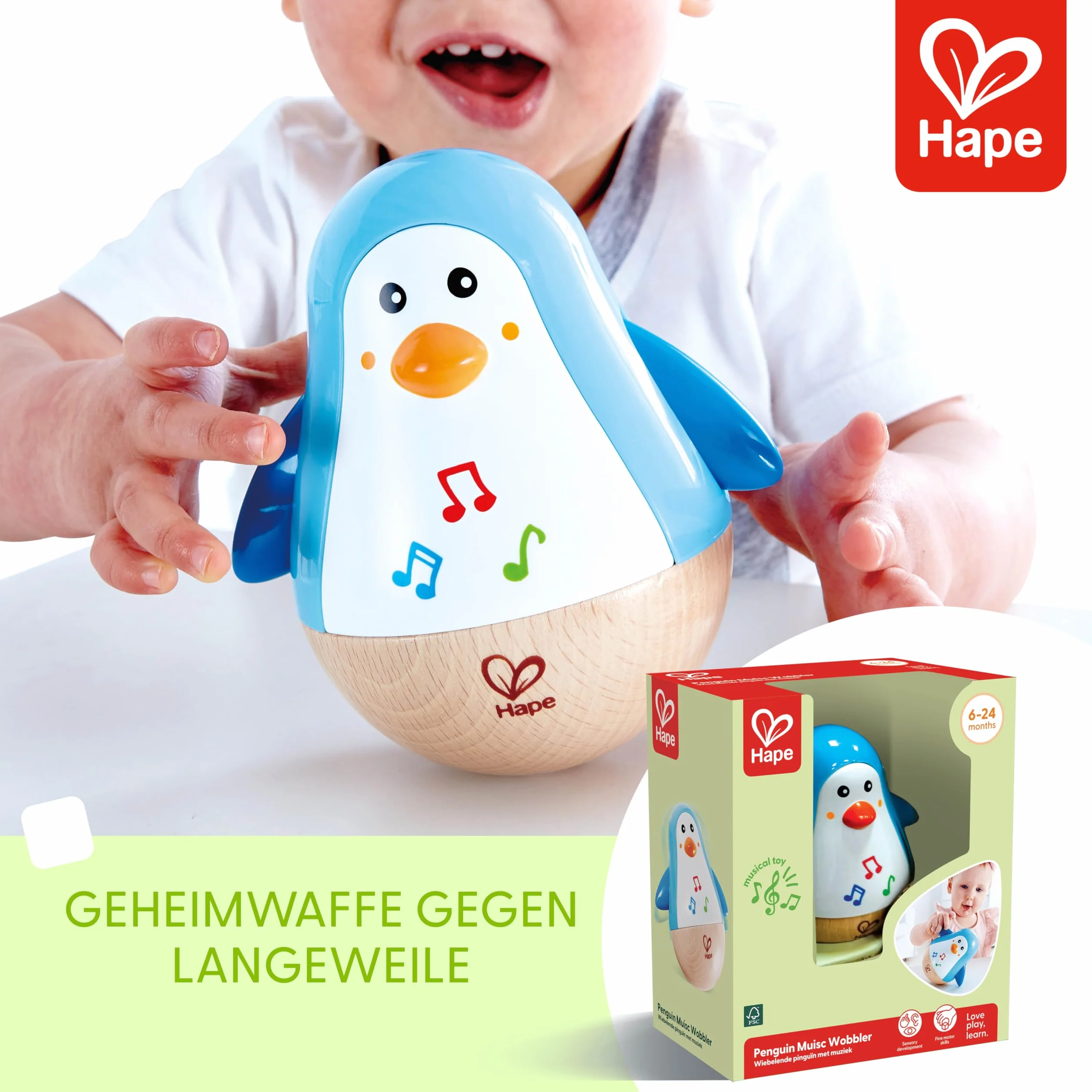 Hape Penguin Musical Wobbler, Colourful Wobbling Melody, Roly-Poly Toy for Kids 6 Months+