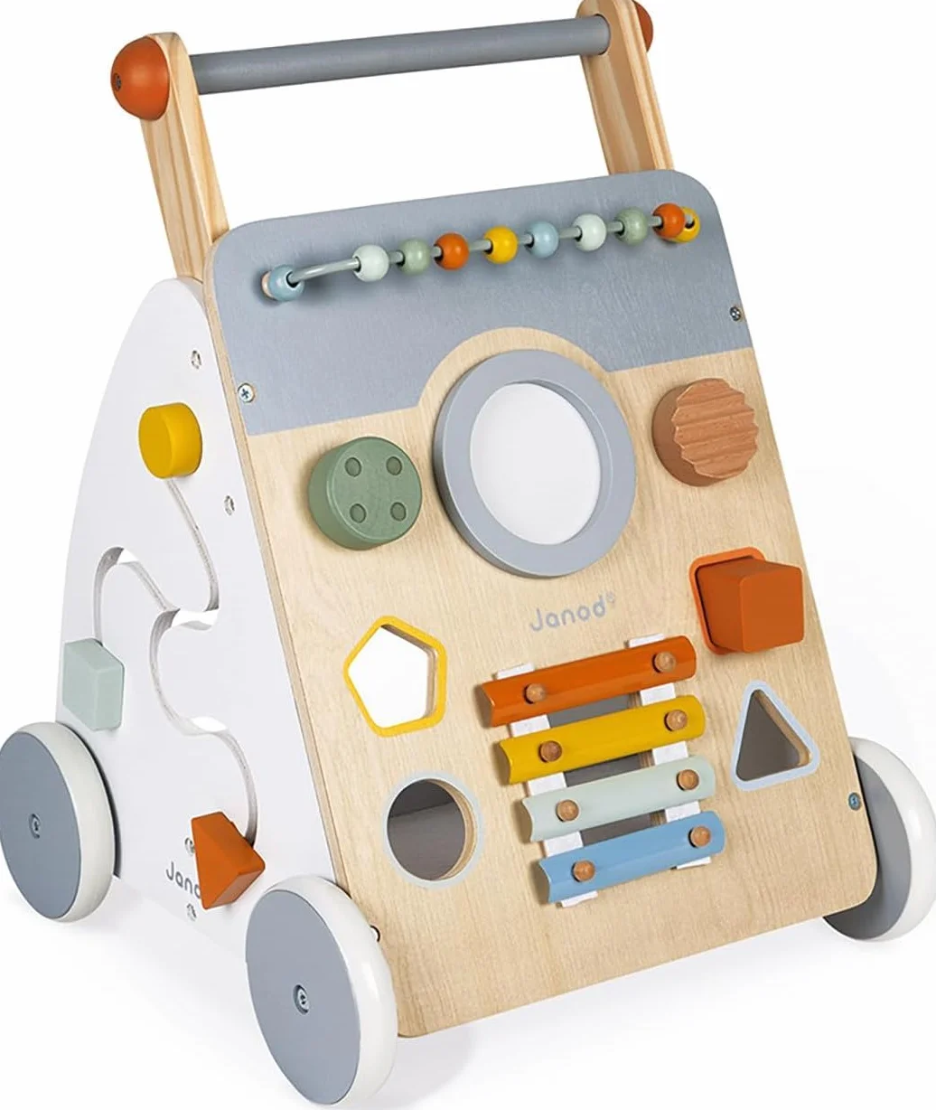 Janod - Sweet Cocoon Multi-Activity Cart - Wooden Push-In Walking Trolley - 9 Activities - Quiet Wheels, Water Based Paint - from 1 Year Old, J04410
