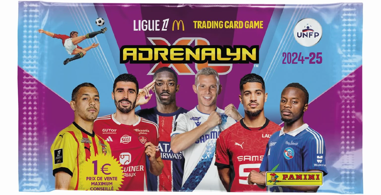 Panini ADRENALYN Ligue 1 McDonald's 2024-2025 Trading Cards Game Starter Pack (1 segregator + 4 kieszenie + 3 karty z limitowanej edycji + lista kontrolna + gameboard + oficjalny przewodnik),