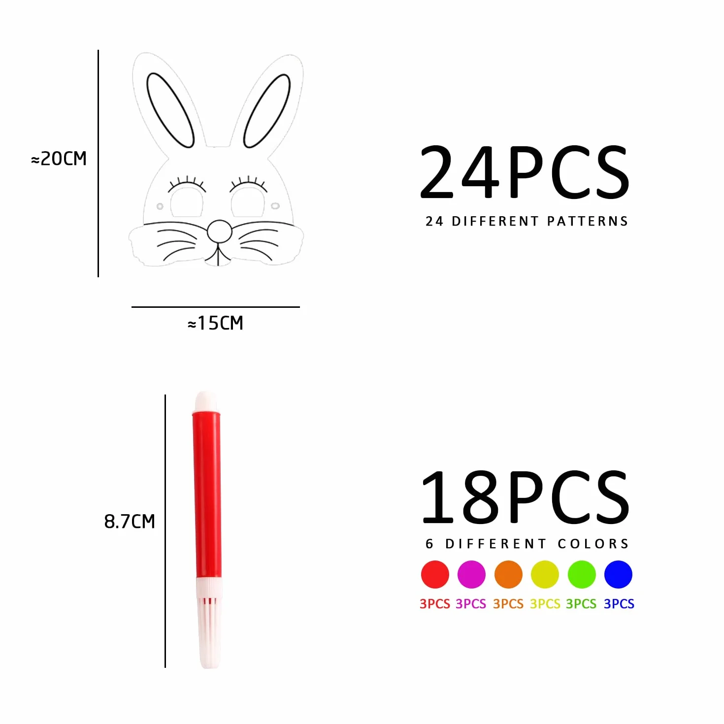 CQQNIU Zestaw 24 masek i 3 kolorowych pisaków, maseczki dla dzieci, dla dzieci, z elastycznymi sznurkami, na przyjęcie urodzinowe, cosplay