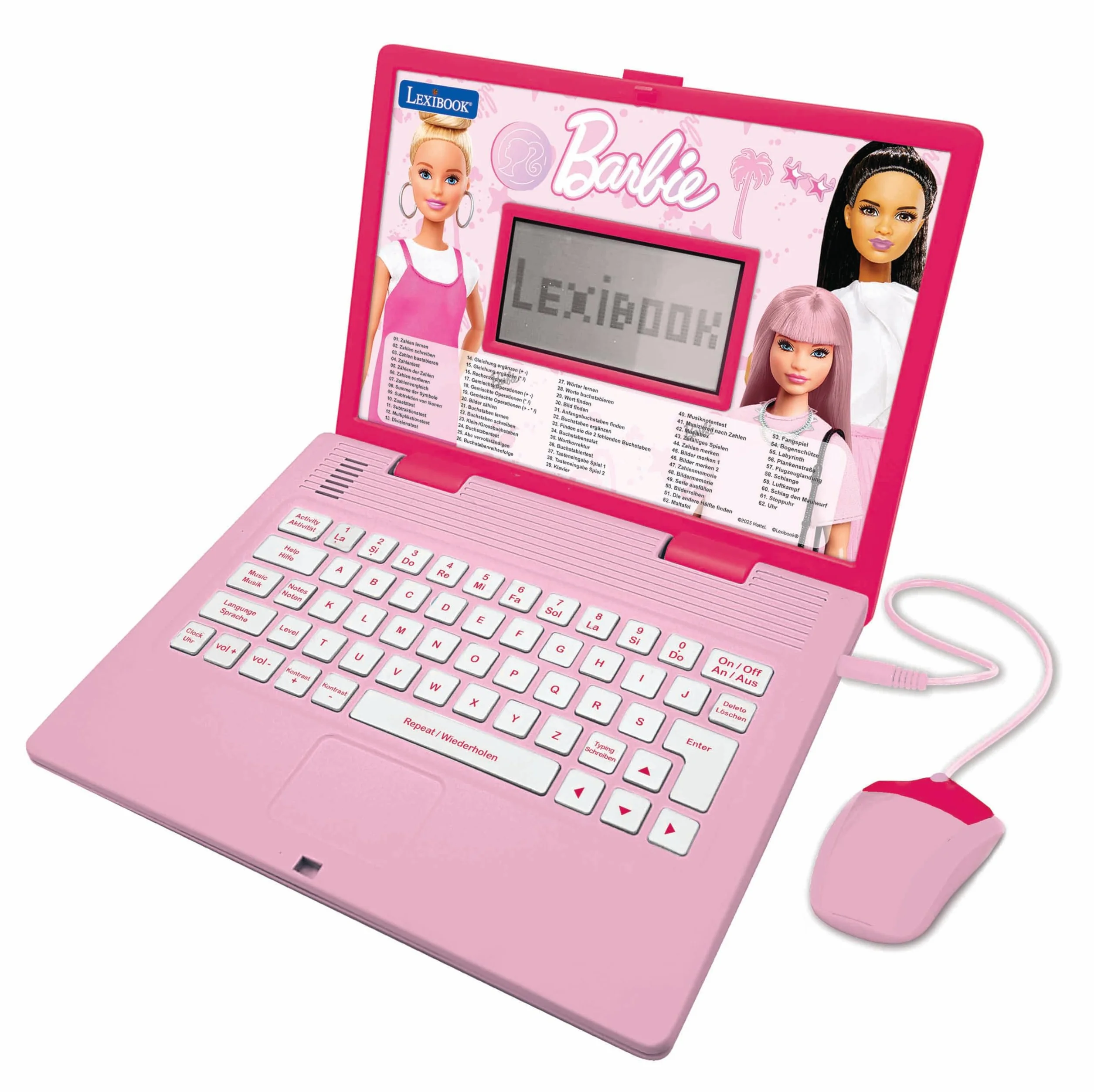Lexibook, Barbie, edukacyjny i dwujęzyczny laptop w języku angielskim/niemieckim, zabawka dla dzieci z 124 aktywnościami do nauki, grania w gry i muzyki, różowy, JC598BBi3