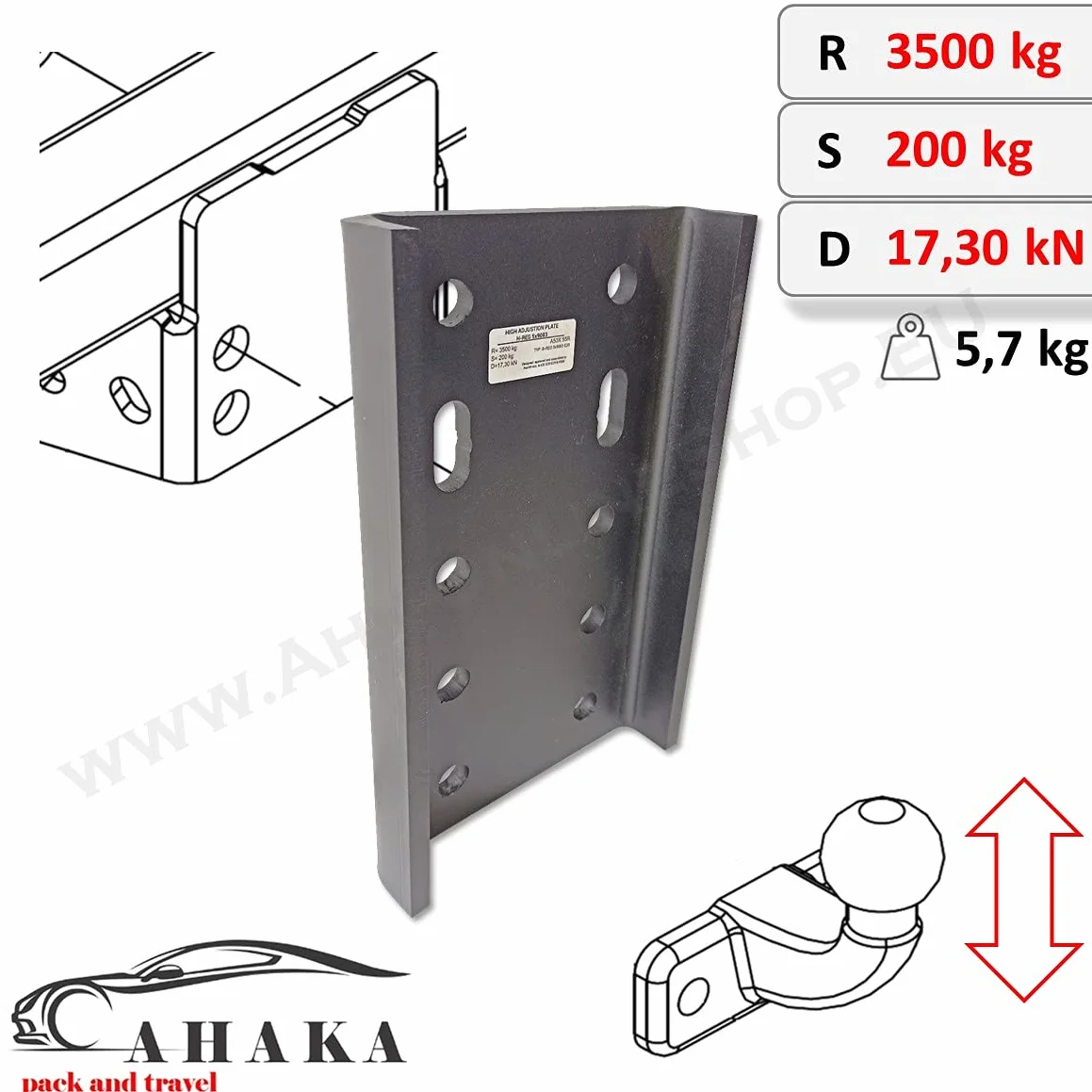 Bardzo długa płyta adapterowa, regulacja wysokości do haka AHK-Bock, do 2 otworów 90 mm i 4 otworów, 83 x 56 mm, hak holowniczy