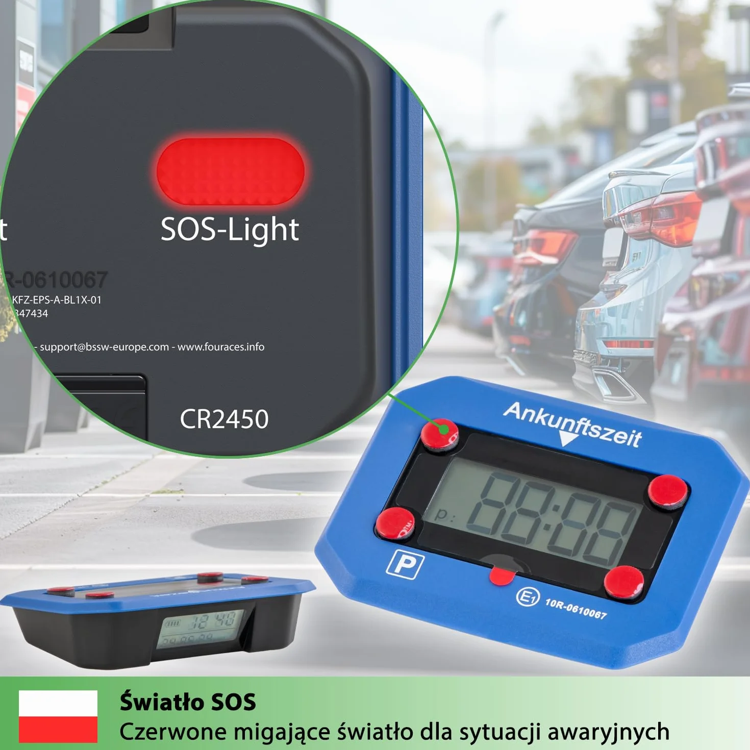 Fouraces elektroniczny czujnik parkowania z wymienną baterią automatyczny czas letni/zimowy niebieski