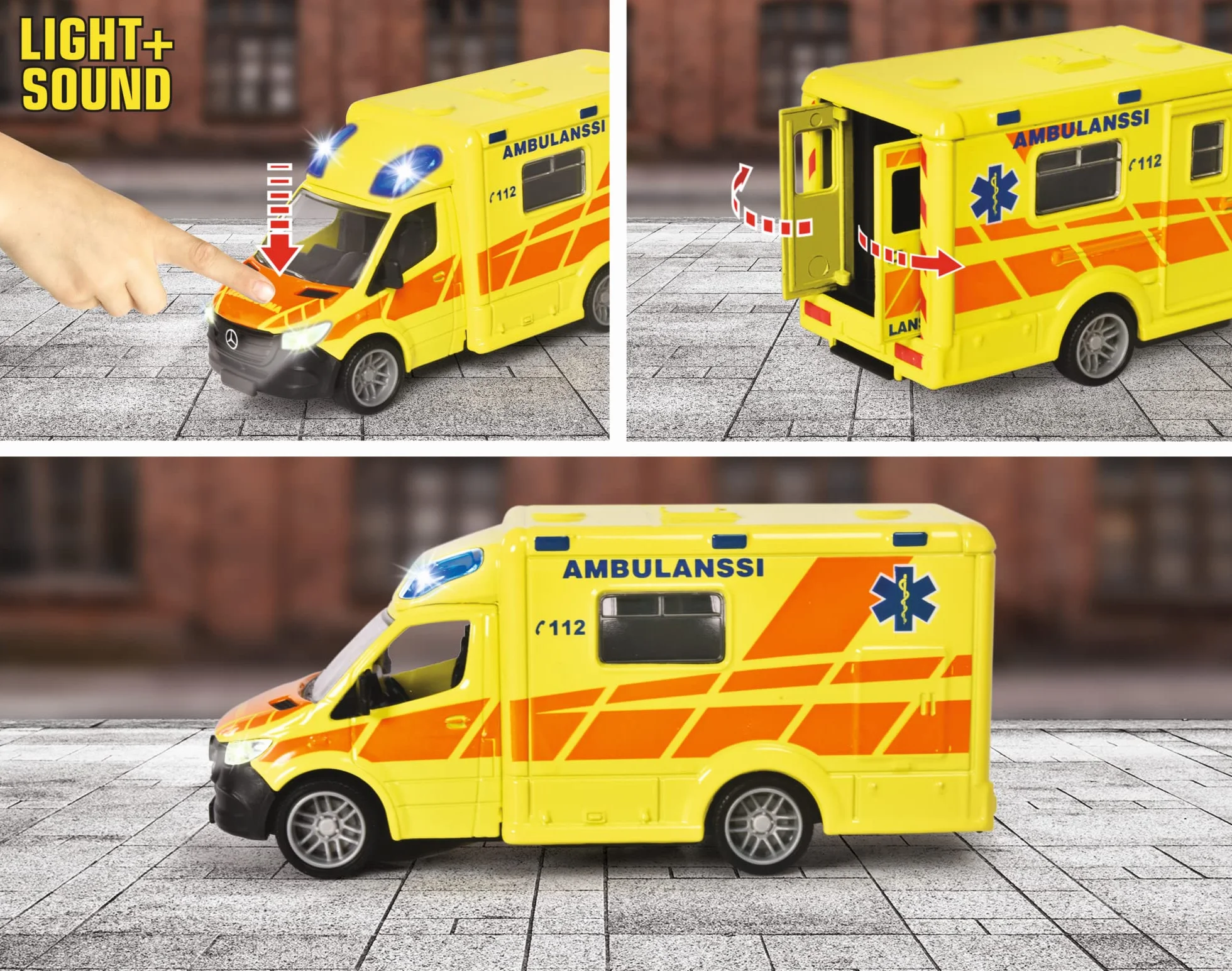Majorette 213712001019 - Grand Series - Mercedes-Benz Sprinter Fiński Ambulans - Karetka pogotowia fińskiego modelu z Wolnobiegiem, Metal, Lekki, Dźwięk, Miękkie gumowe opony, 12,5 cm, 1:43, Od 3 lat,