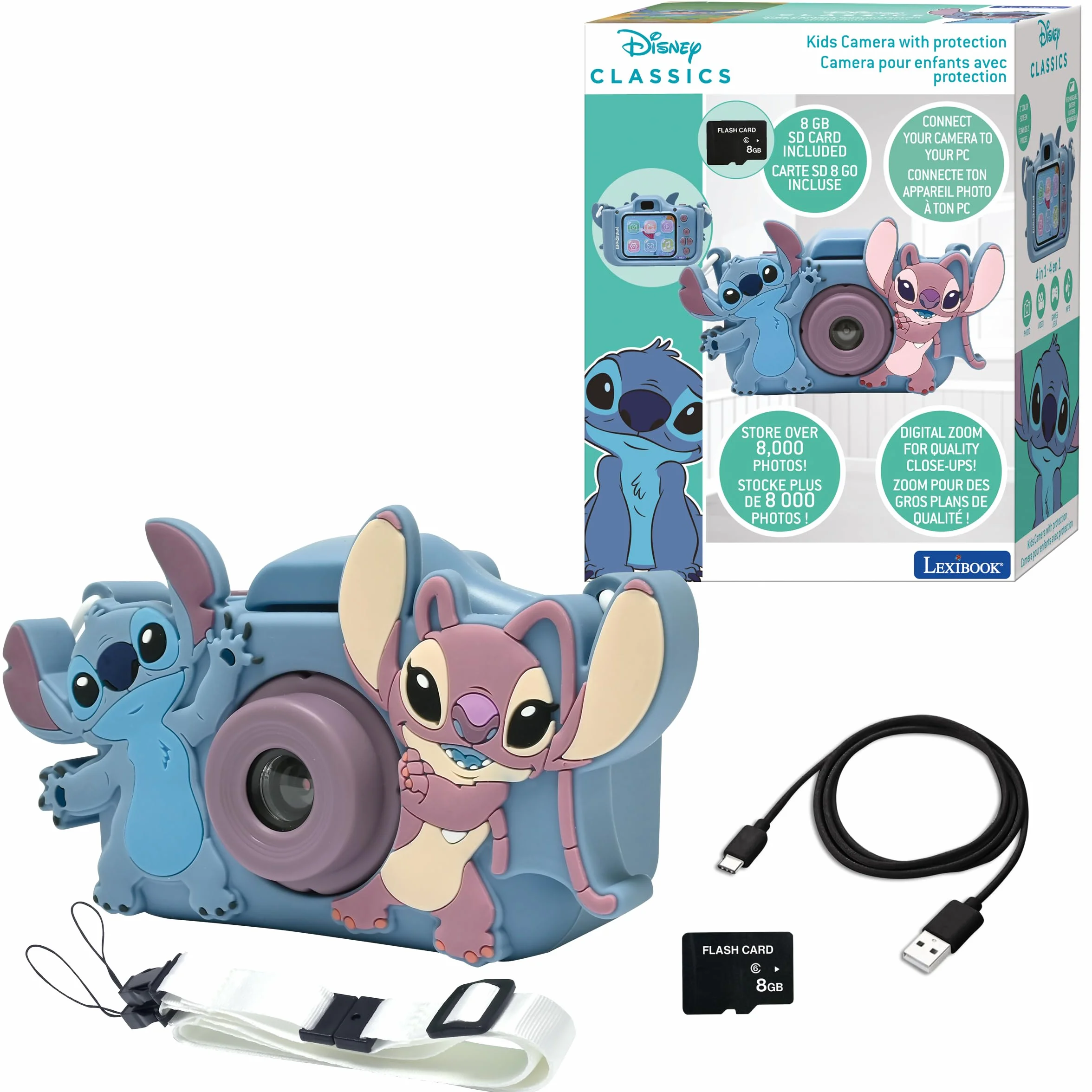 Lexibook, Disney Stitch, 4-W-1 Aparat dla Dzieci z Ochroną, Funkcje Zdjęć, Wideo, Mp3 i Gier, 15 Ramki do Personalizacji Twoich Zdjęć, Karta Pamięci 8 GB w Zestawie, DJ078D