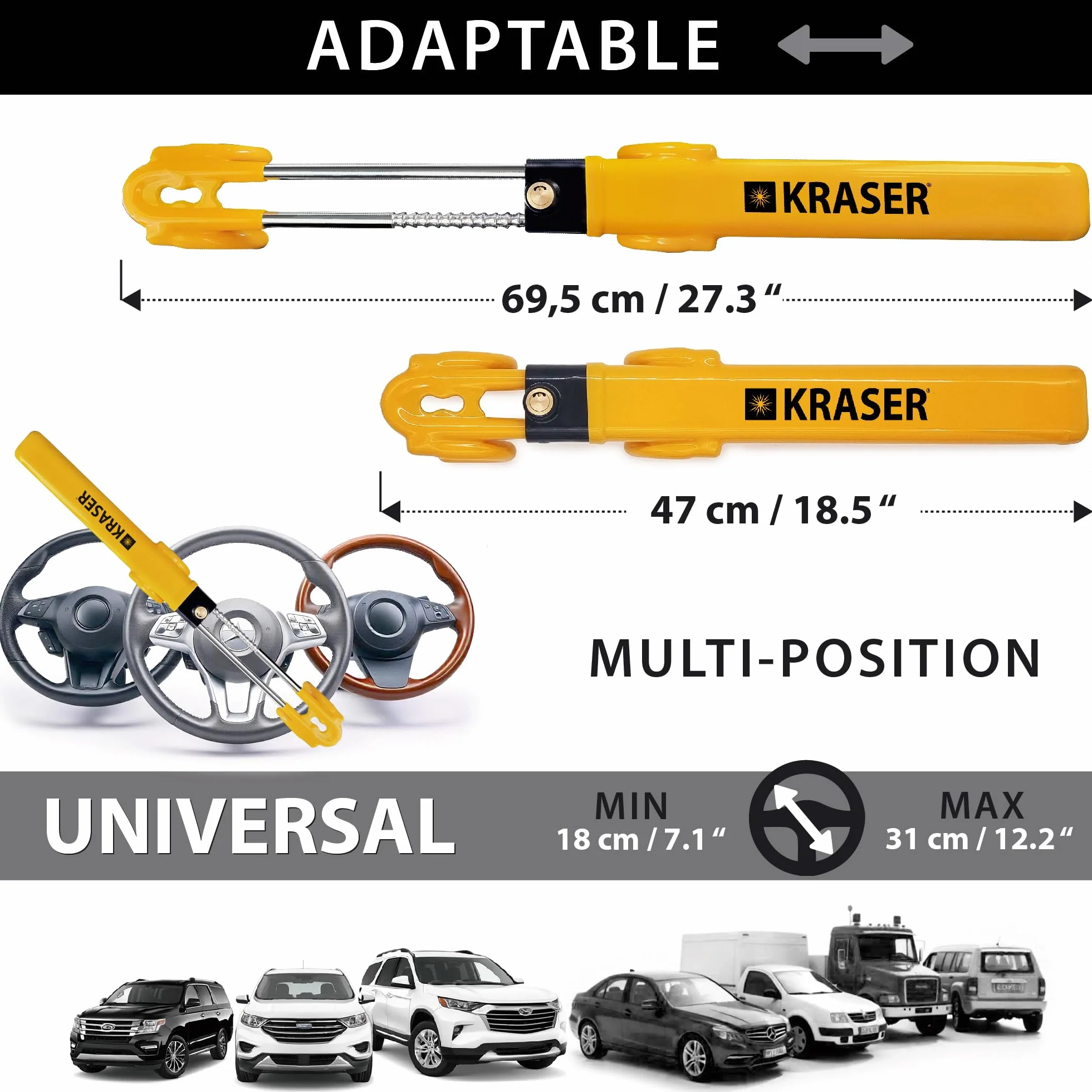 KRASER KR842Y Anti Theft Car Double Hak Regulowana kierownica Wysokie bezpieczeństwo Odstraszający Ochrona przed zarysowaniem Immobilizer Blokada Kierownicy Uniwersalny Samochód Van Caravan