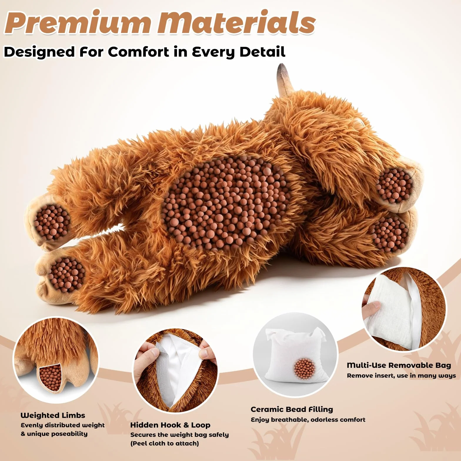 61 cm i 2 kg Highland Cow Ważone Pluszowe Zwierzę, Regulowane Poduszki Zabawek Pluszowych do Siedzenia i Leżenia z Wyjmowaną Torbą Ceramsite dla Towarzystwa, Przytulne i Miękkie Prezenty dla Dorosłych