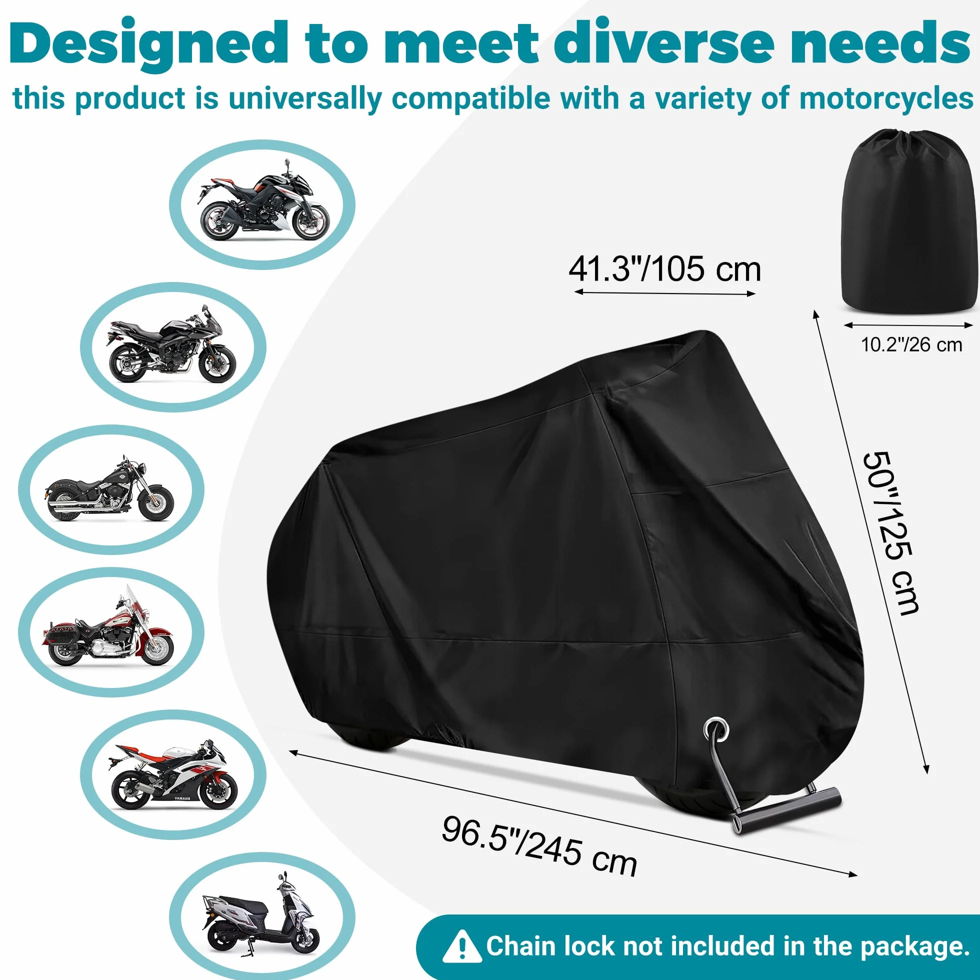 Pokrowiec na Motocykl Outdoor Motorcycle Cover Waterproof 210D, Pokrowiec do Garażu, na Motocykl, Samolot, Silnik, Deskorolkę, Rower, Skuter, 245 cm x 105 cm x 125 cm