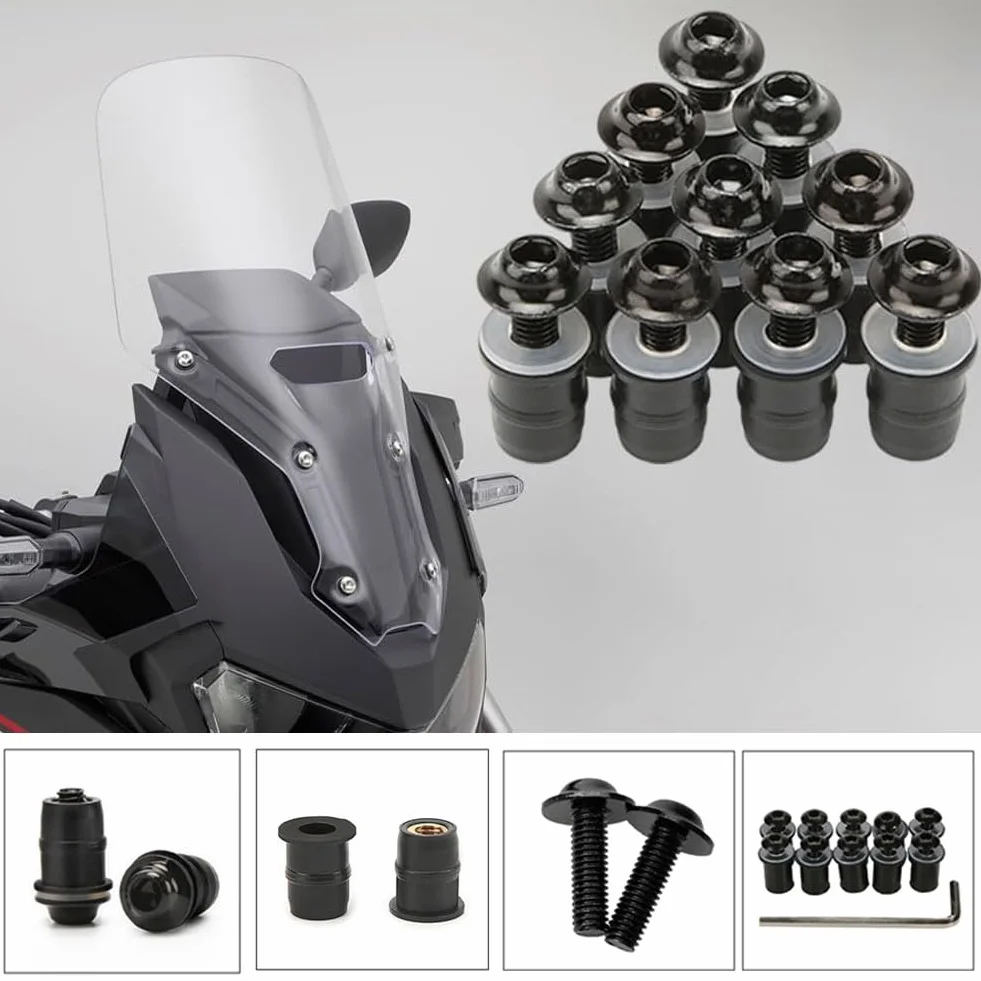 Comioke Śruby mocujące do szyby motocyklowej, M5 x 16 mm, śruby do szyby przedniej, 10 sztuk śrub i śrub do przedniej szyby, wkrętaka, osłony przed wiatrem