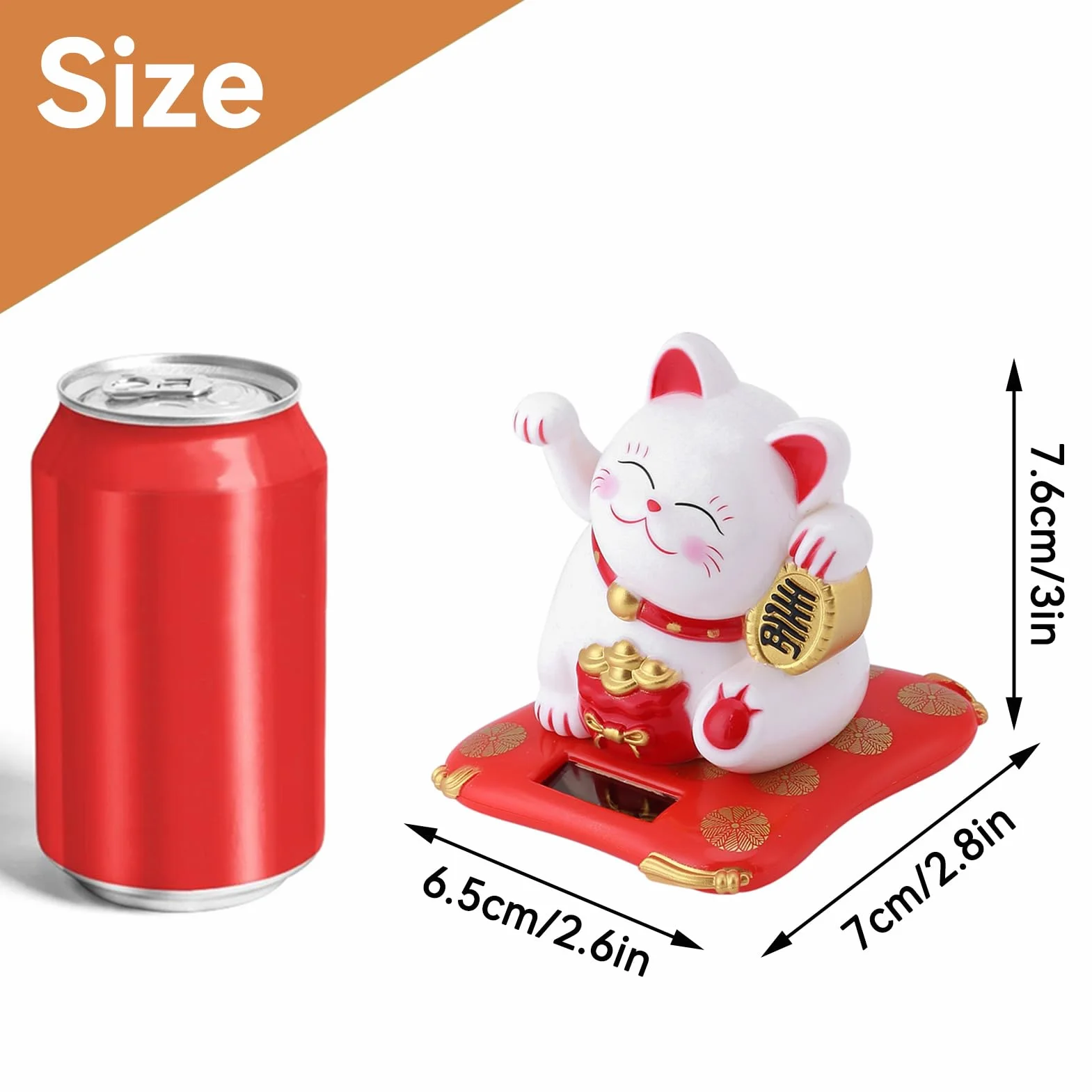 Kot na szczęście, Mini Maneki Neko Japoński posąg kota z machającym ramieniem Zasilany energią słoneczną do wystroju deski rozdzielczej samochodu w domu[White]