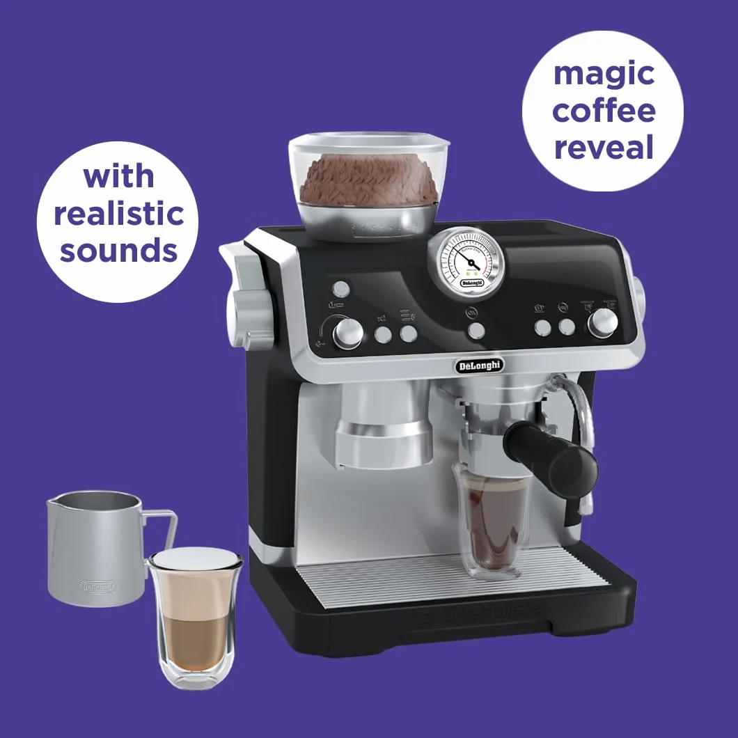 Casdon De'Longhi Toys. Barista ekspres do kawy, zabawkowy zestaw kuchenny dla dzieci z ruchomymi częściami, realistyczne dźwięki i magiczne ujawnienie kawy, dla dzieci w wieku od 3 lat, srebrny