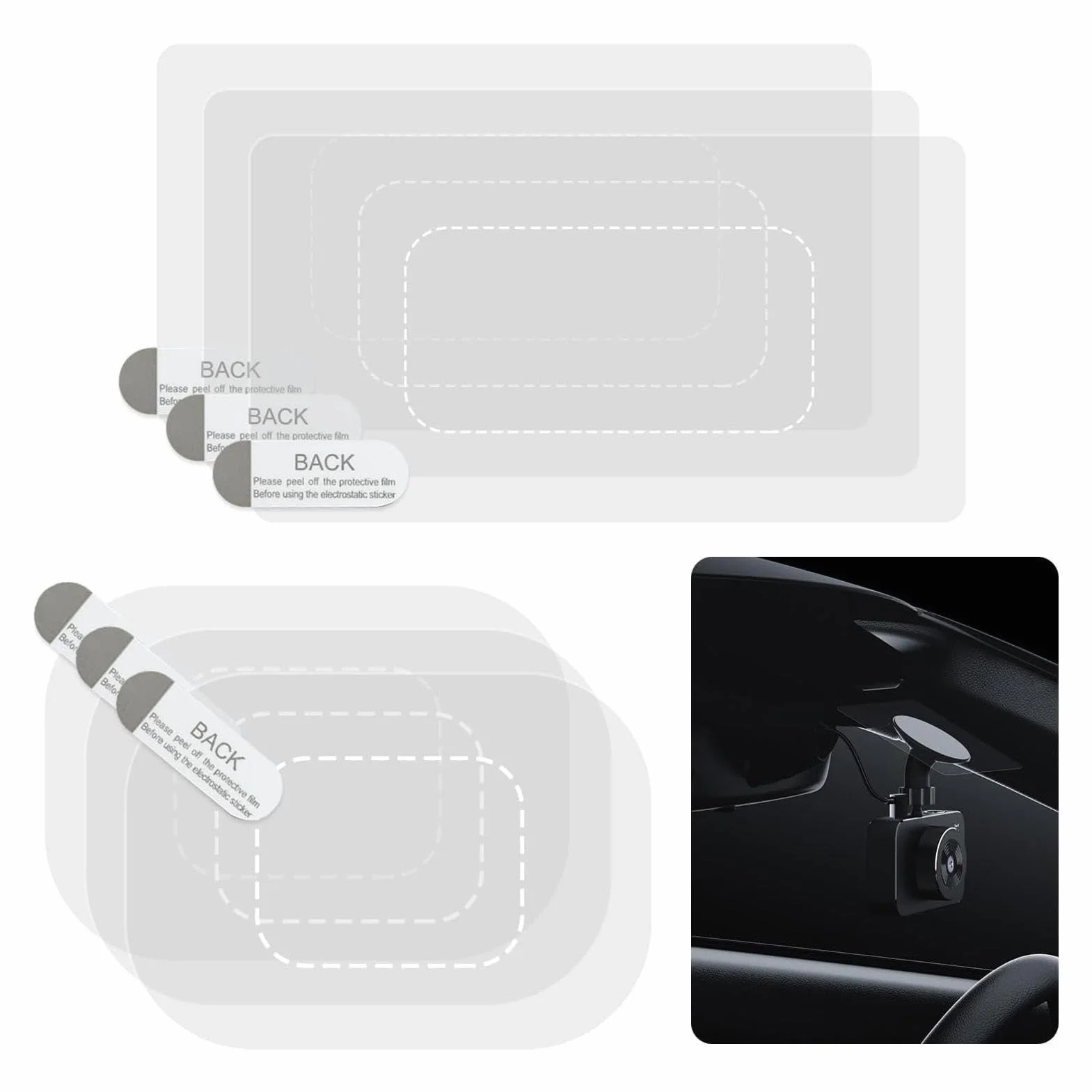 Dash Cam Windshield Stickers - 6pcs Electrostatic Transparent Static Film for Car Dashcams, Mounting No Glue Window Screen Sticker, Auto Interior Accessory Protection Kit