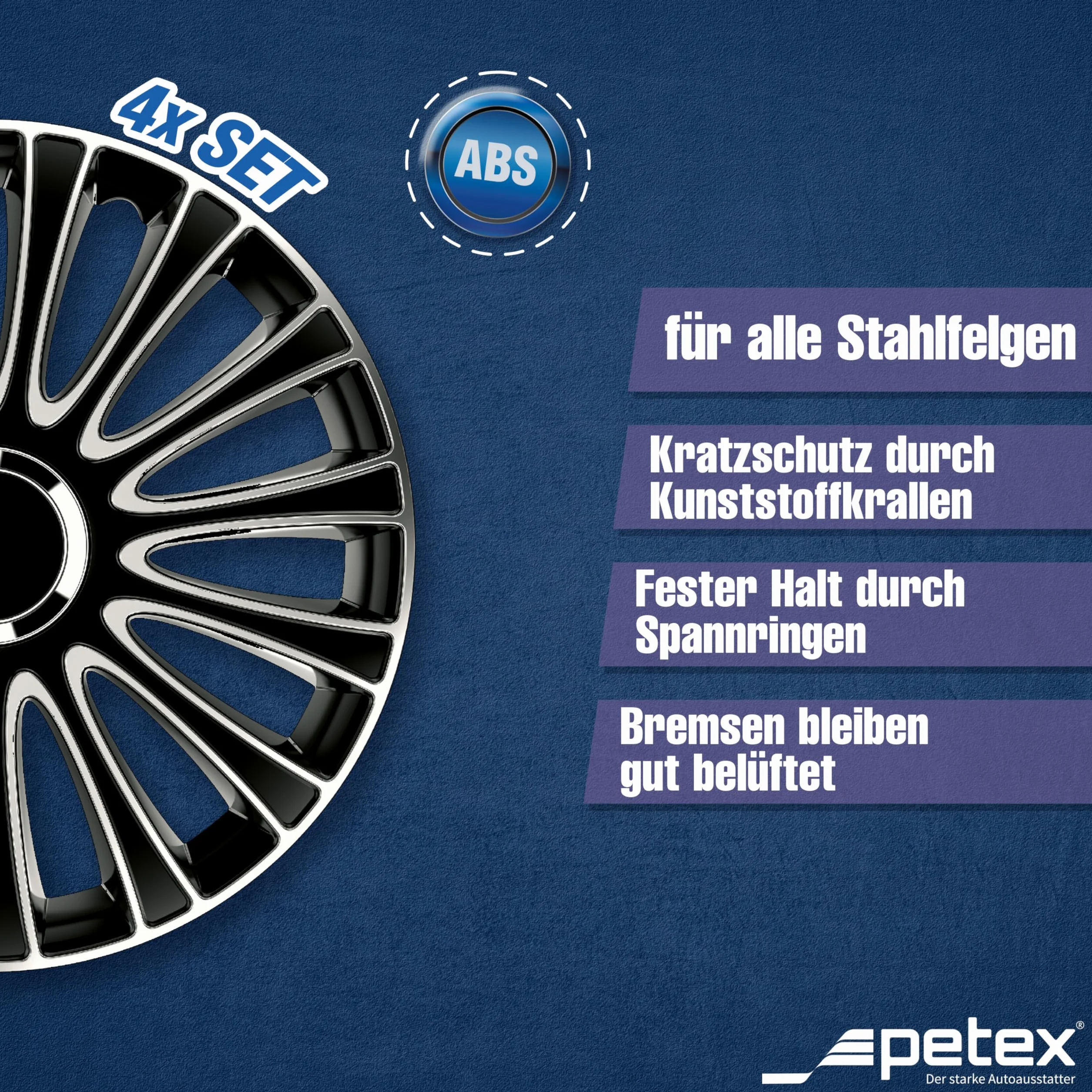 Petex LeMans Pro kołpaki ozdobne 38 cm podwójnie lakierowane tworzywo ABS czarne zestaw 4 sztuk