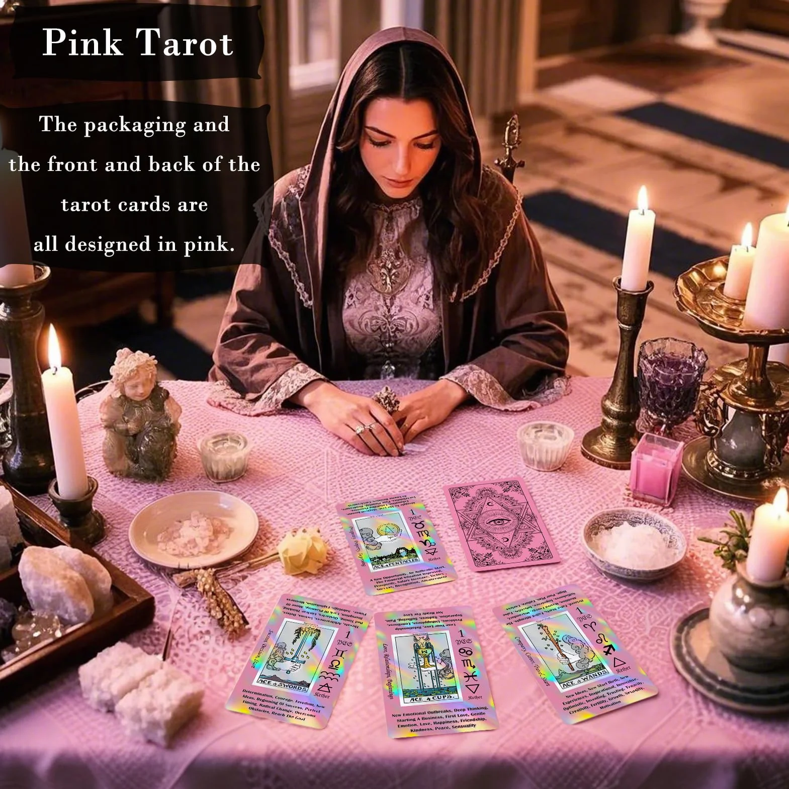 Smoostart Różowa holograficzna talia tarota dla początkujących z przewodnikami, słowami kluczowymi, elementami, planetami, znakami zodiaku, czakrami, tak lub nie, numerologią, literami hebrajskimi