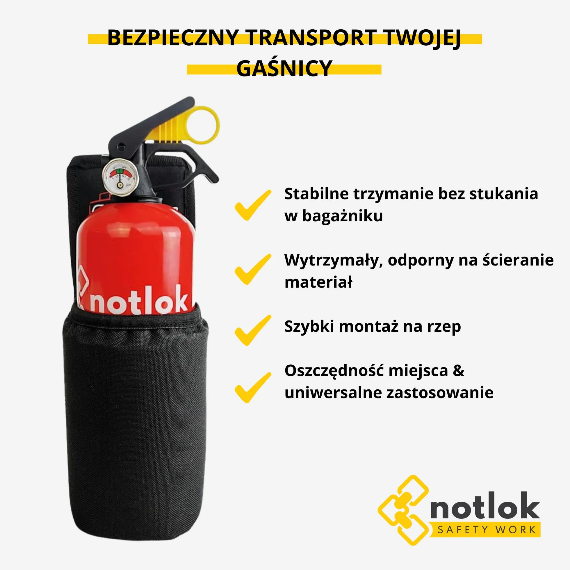 Pokrowiec na gaśnicę 1 kg z mocowaniem na rzep | Uchwyt do auta, samochodu osobowego, kampera i przyczepy | Kolor czarny