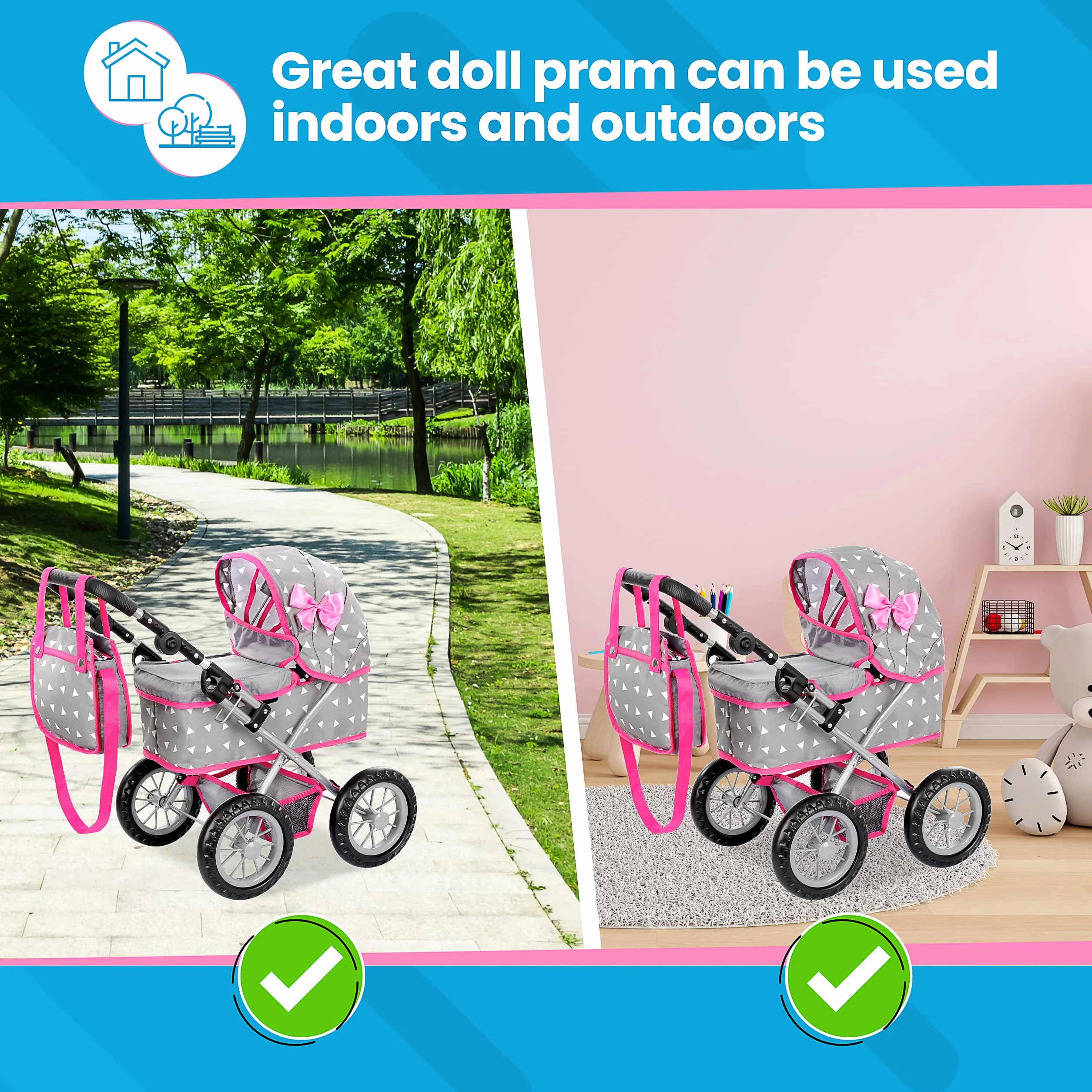 Kinderplay wózek z kokardą głęboki dla lalki KP0261S