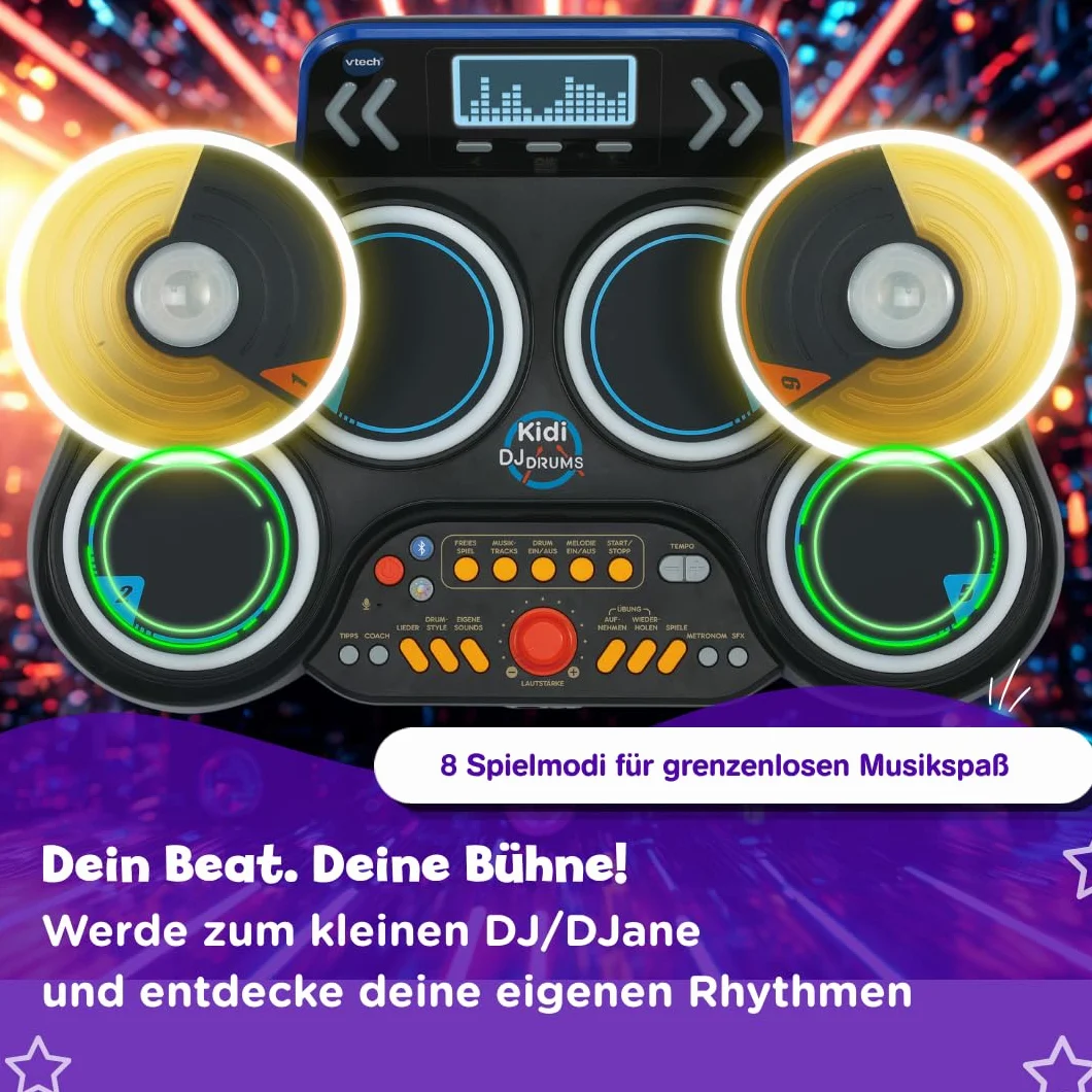 VTech Kidi DJ Drums – elektroniczna perkusja z efektami świetlnymi i trybem nauki – dla dzieci w wieku 6-12 lat