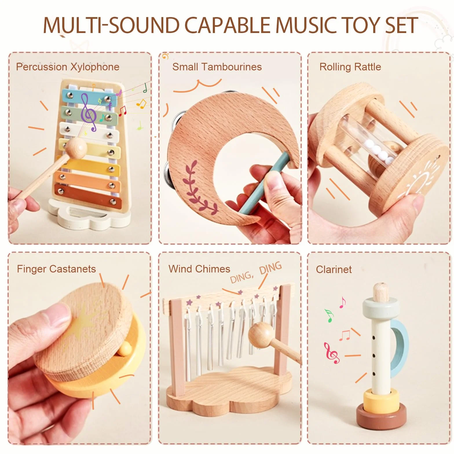 instrumenty muzyczne dla dzieci od 1, 2, 3 lat, Montessori muzyka dla niemowląt, zestaw muzycznych zabawek drewnianych z xylofonem, flety, kastaniety, prezent dla dziewczynek, chłopców