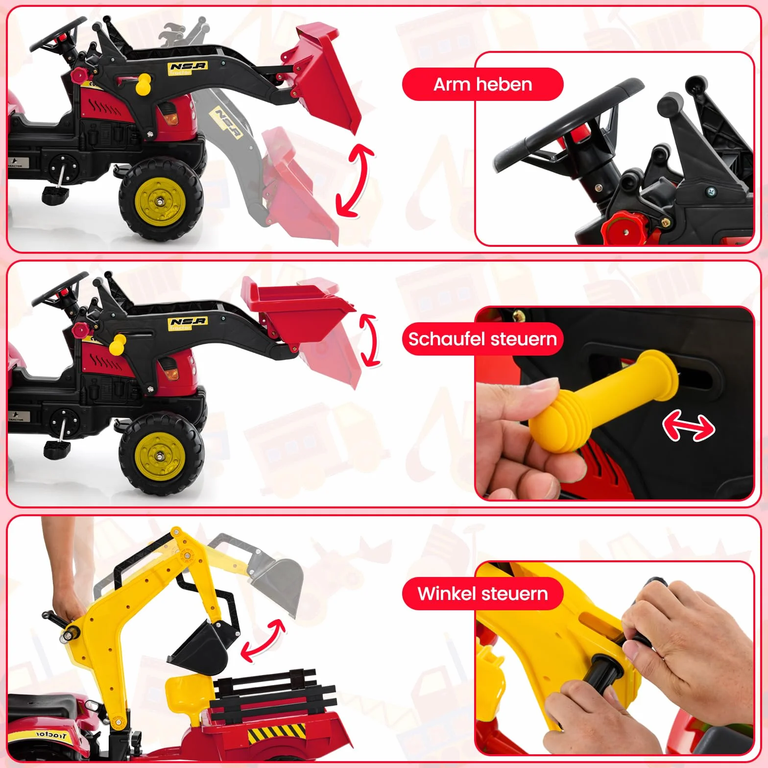 COSTWAY Traktor na pedały, ciągnik dla dzieci z odpinanym przyczepnym zbiornikiem i łopatą zabawkową, ciągnik dla dzieci do 35 kg, mini koparka dla dzieci od 3 lat (czerwony)