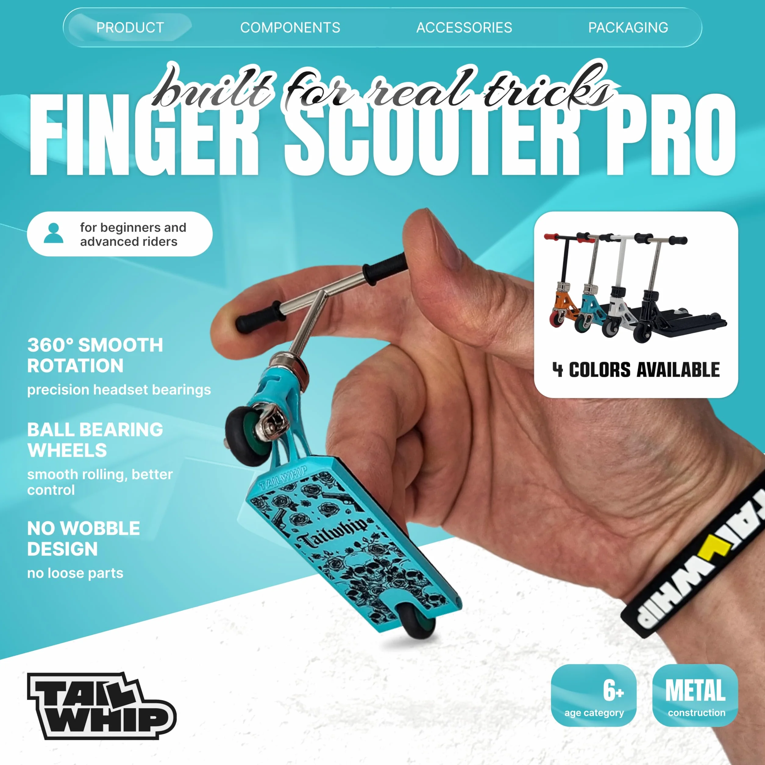 TAILWHIP Pro Finger Scooter z łożyskami kulkowymi – bez zabawy, cicha praca, naklejka na pokład do indywidualizacji, wytrzymała metalowa hulajnoga trick Scooter dla dzieci i dorosłych