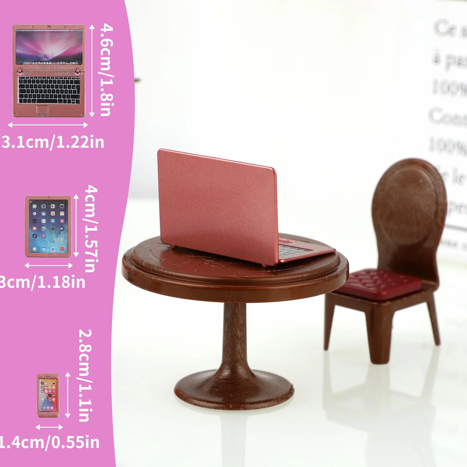 TIESOME 6-częściowy zestaw do domku dla lalek, miniaturowy zestaw laptopa, laptopa, komputera, domku dla lalek, dekoracja, mały domek dla lalek, model mebli, tablet symulacyjny (różowy)