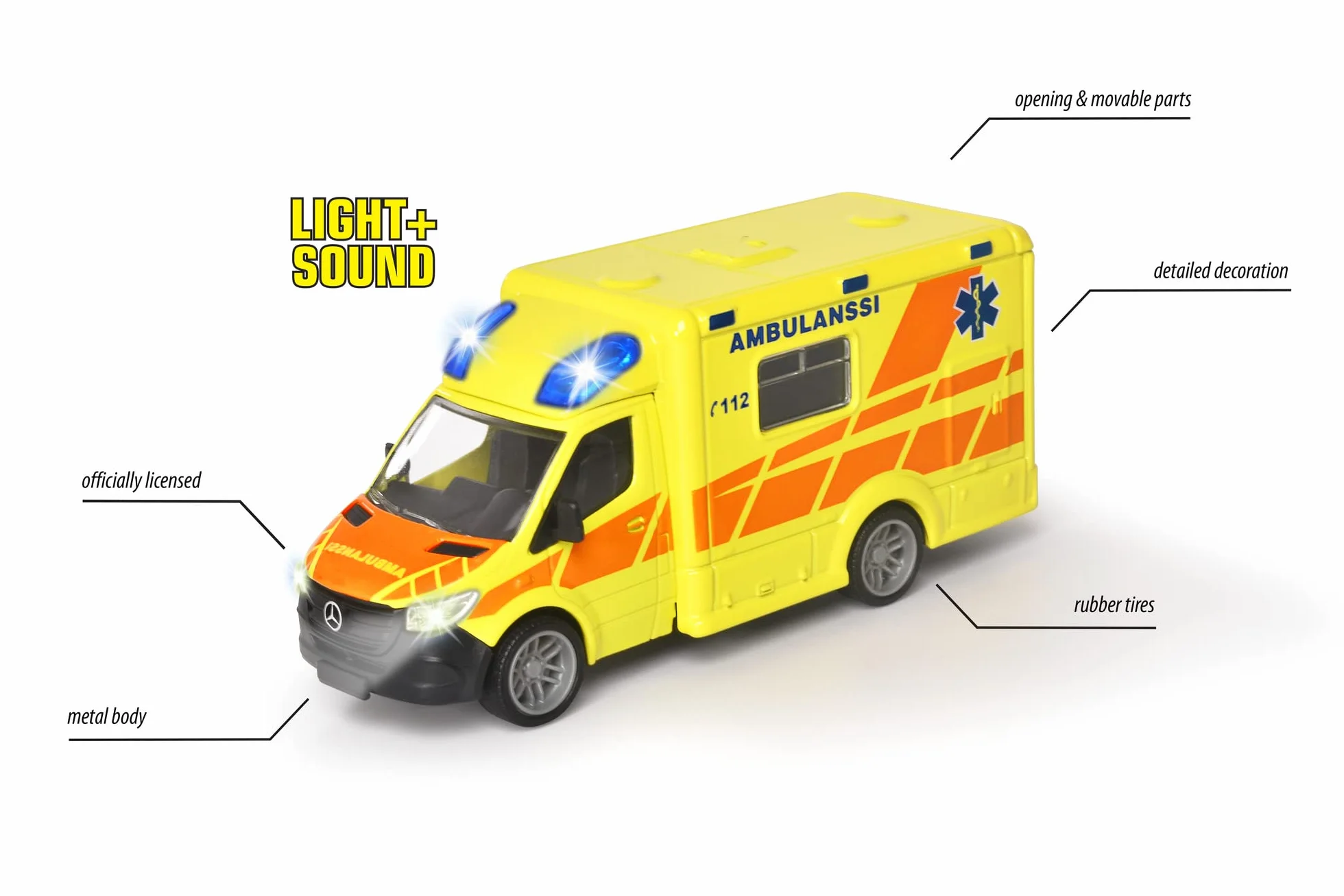 Majorette 213712001019 - Grand Series - Mercedes-Benz Sprinter Fiński Ambulans - Karetka pogotowia fińskiego modelu z Wolnobiegiem, Metal, Lekki, Dźwięk, Miękkie gumowe opony, 12,5 cm, 1:43, Od 3 lat,