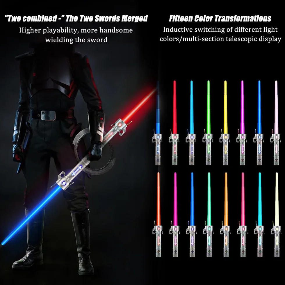 Miecz Laserowy dla Dzieci, 15 Kolorów Star Wars, Miecz Świetlny LED z Światłem i Dźwiękiem, 2 w 1 Chowany Miecz Laserowy dla Dzieci (Srebrny Uchwyt)