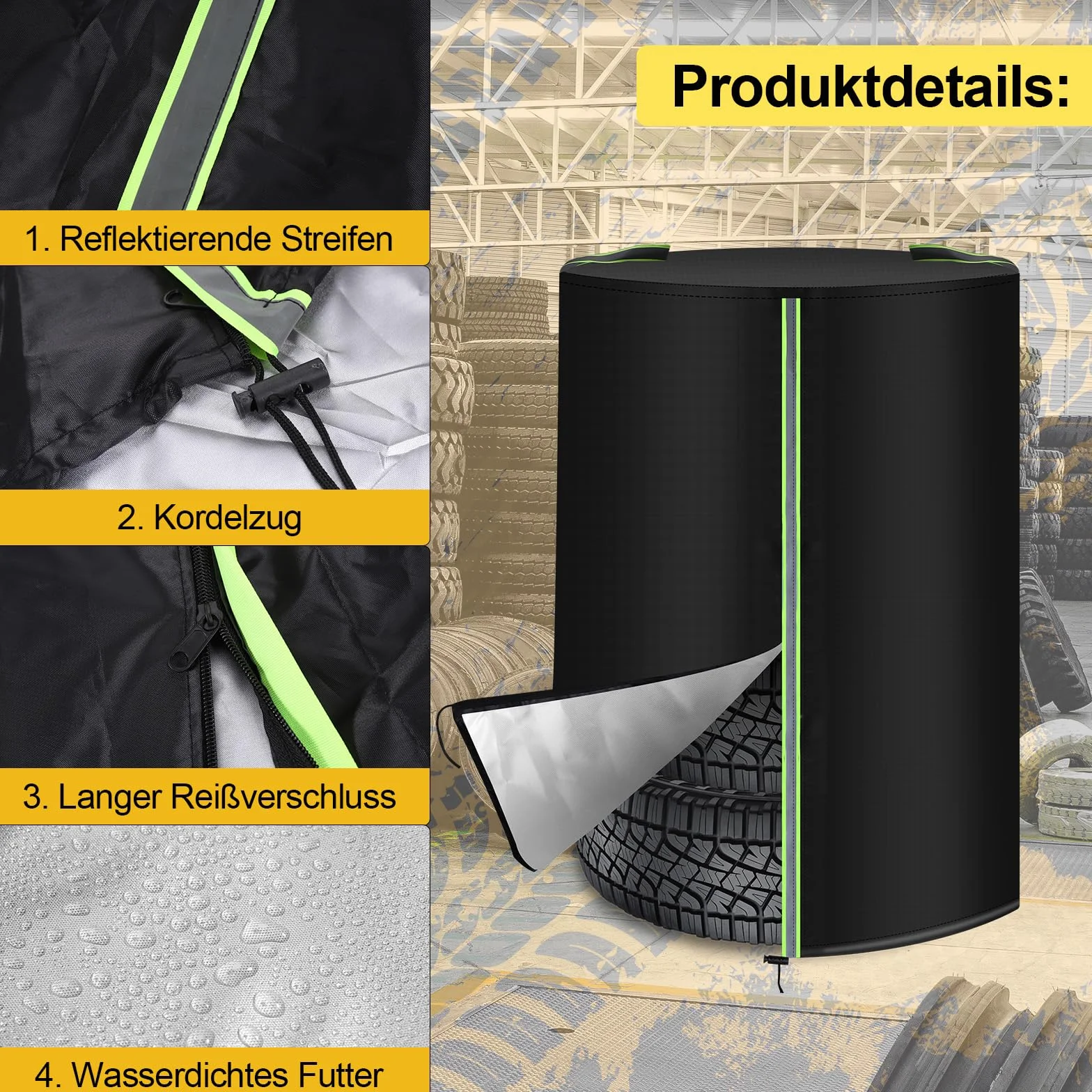 Zocipro Pokrowiec na opony z odblaskowymi paskami, Ø 72 cm x wys. 117 cm, uniwersalna torba na opony samochodowe na 4 opony, 210D Oxford, osłona na opony z zamkiem błyskawicznym i tunelem, czarna