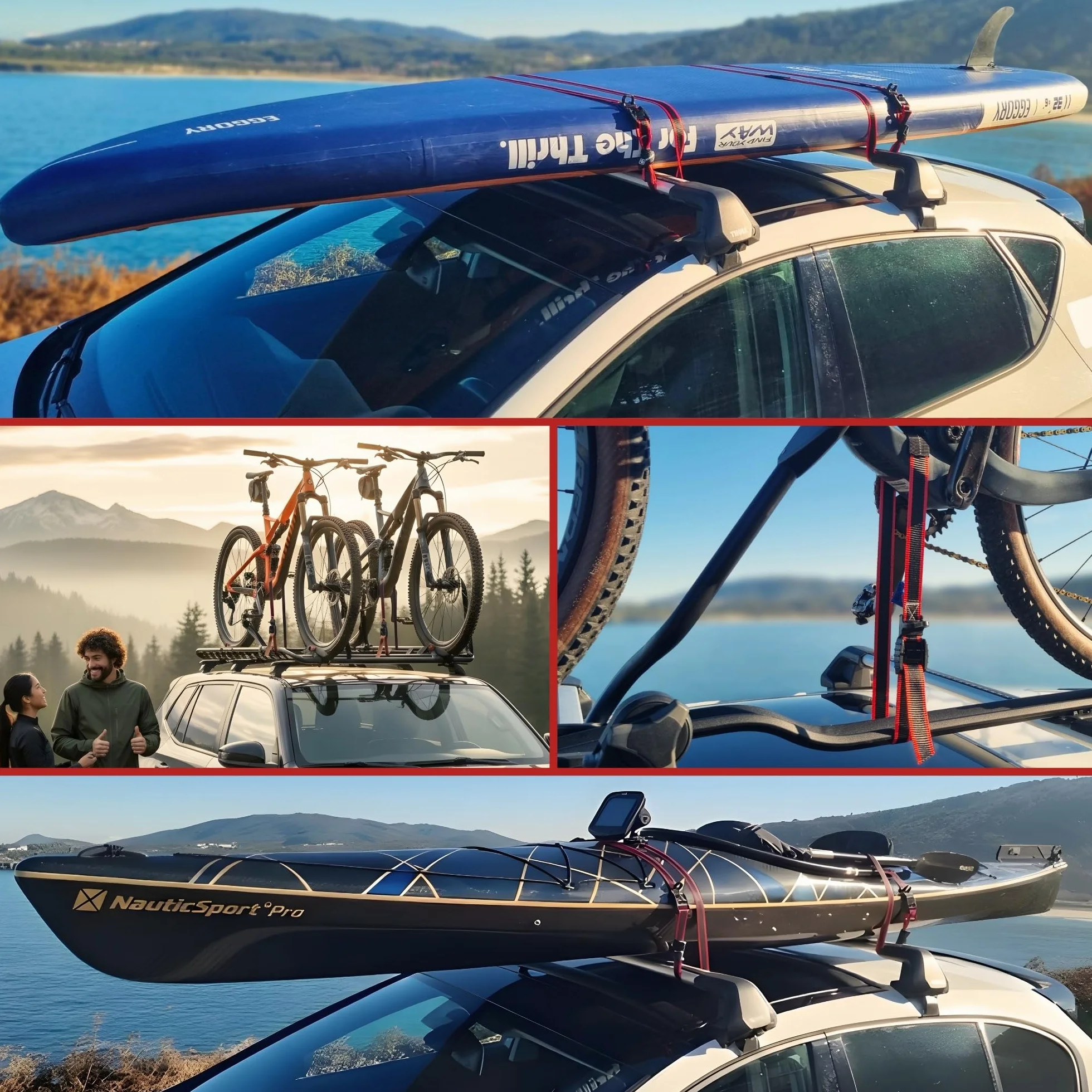 Pasy Transportowe z Klamrą 500 kg, Pasy Mocujące z Ochroną Antyrysową do Bagażnika Dachowego, Surf, Kayak, Paddle, Rowerów i Przyczepy, EN 12195-2, Zestaw 2 Pasy 3,5 m