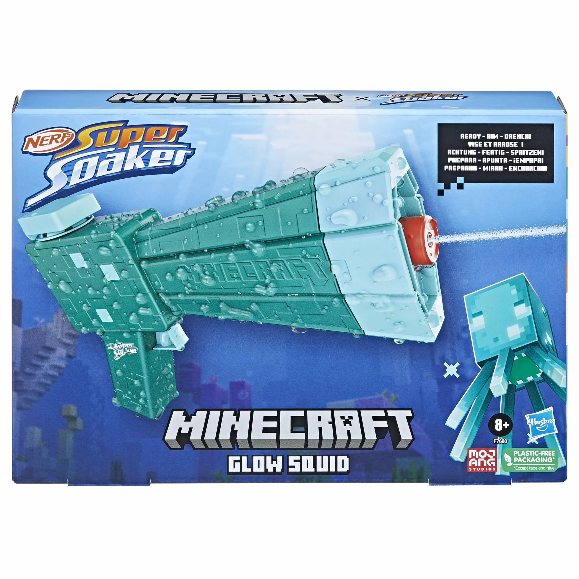 Nerf Super Soaker Minecraft Glow Squid Water Blaster, Minecraft Dungeons Squid Mob Design, zabawka wodna na zewnątrz, gry na świeżym powietrzu dla dzieci