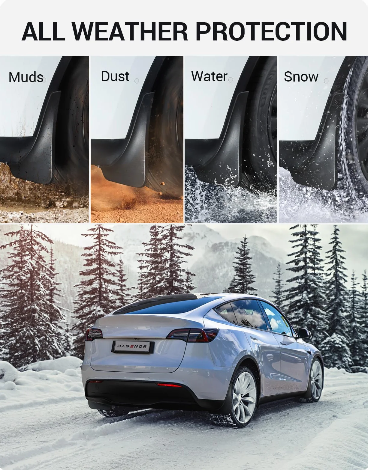 BASENOR 2020-2024 Tesla Model Y Chlapacze Osłony przeciwbłotne Zimowa ochrona pojazdu Nie ma potrzeby wiercenia otworów Chlapacze Akcesoria zewnętrzne Tesla na każdą pogodę (zestaw 4 sztuk)