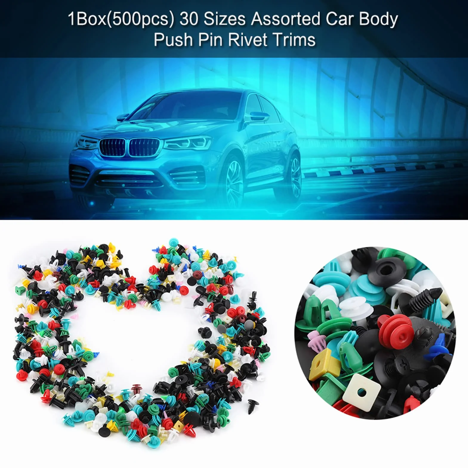 500 szt. 30 Rozmiarów Plastikowe Klipsy Ustalające Samochodu, Różne Plastikowe Klipsy do Tapicerki Drzwi Samochodu ZderzakMocujący Zestaw Nitów Push Pin Kit