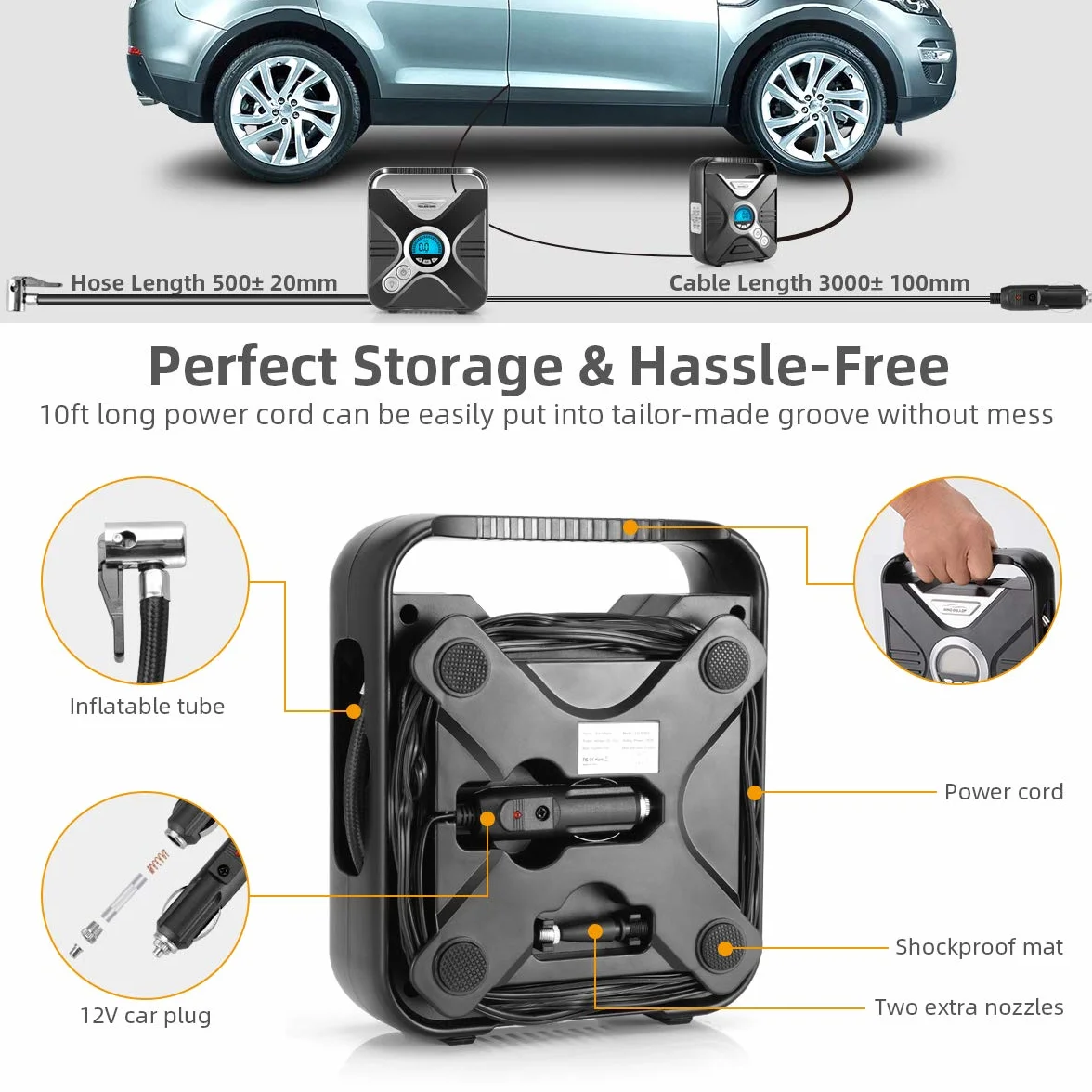 Pompa do Opon Samochodowych 12V, Przenośny Kompresor Powietrza z Manometrem i Oświetleniem LED