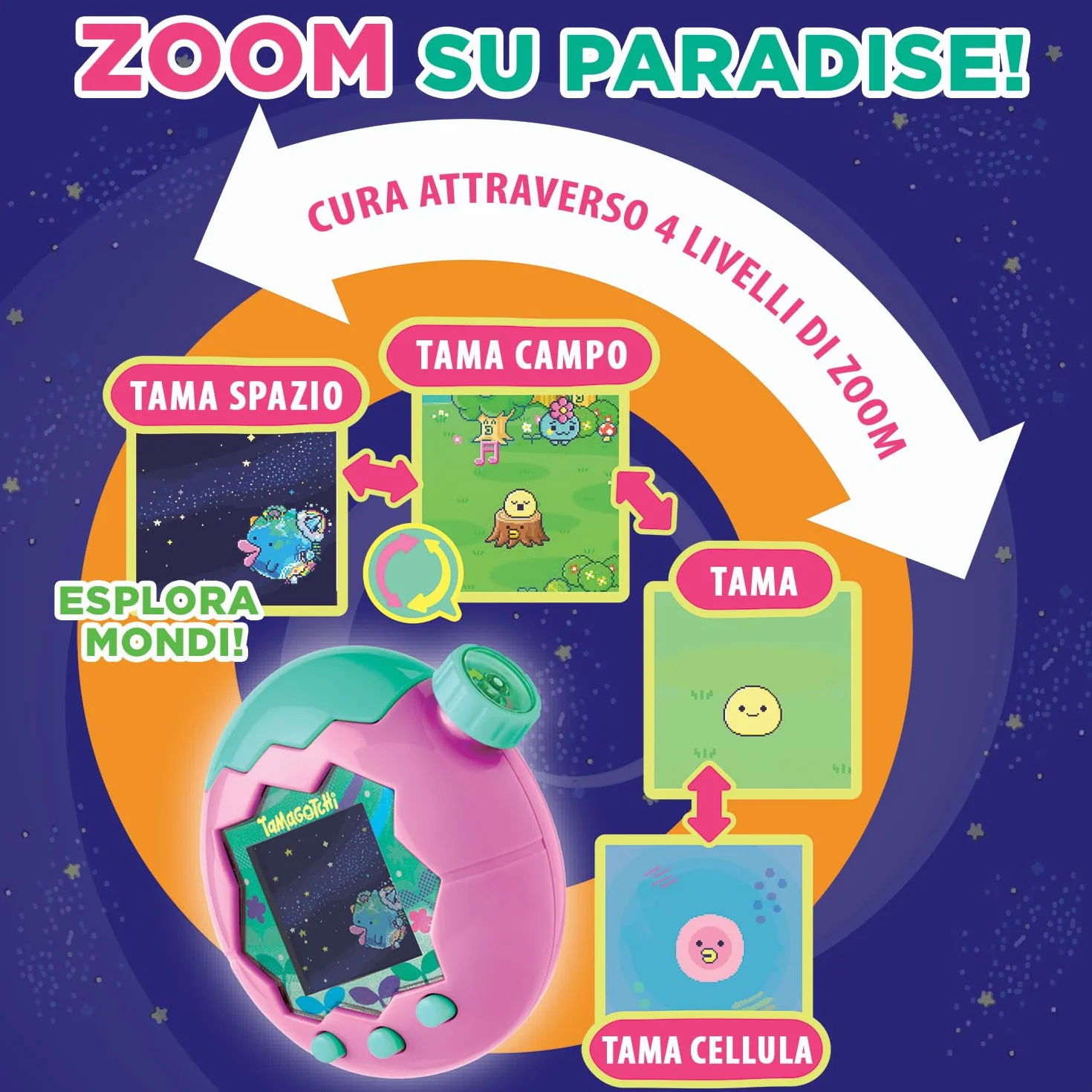 TAMAGOTCHI Bandai Paradise Terre - Wirtualne zwierzę do hodowli z kółkiem zoomu - interaktywna zabawka w języku francuskim - Różowo-zielony model Ziemi - Zabawka dla dzieci w wieku 6 lat i powyżej