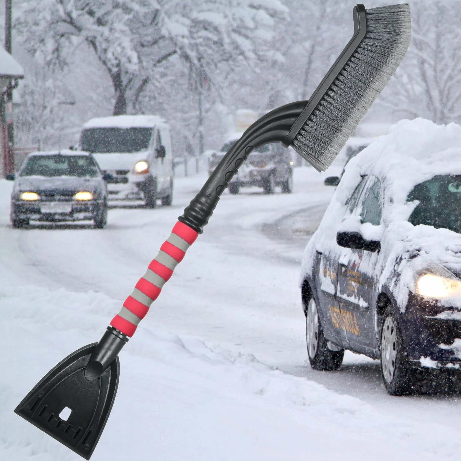 Skrobaczka do lodu 2 w 1 z miotłą 68 cm, szczotka do czyszczenia samochodu, pług śnieżny z ergonomicznym uchwytem