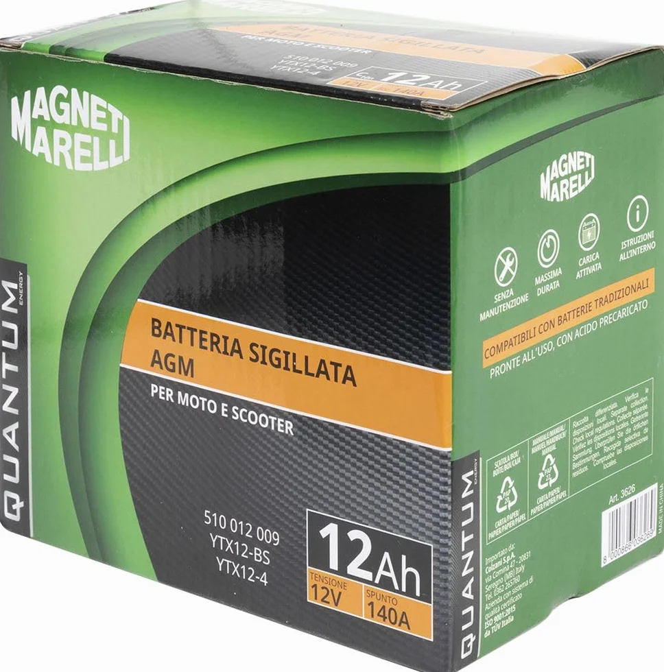 Quantum Energy Magneti Marelli akumulator motocyklowy i skuterowy 12AH 12V 140A uszczelniona technologia AGM lewy biegun dodatni