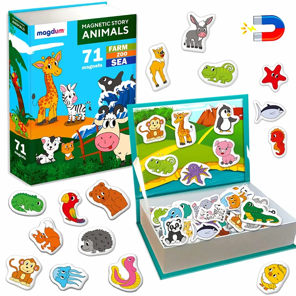 Animal Story magnesy na lodówkę dla dzieci, duże, 71 magnetycznych zabawek ze zwierzętami, wielokolorowe