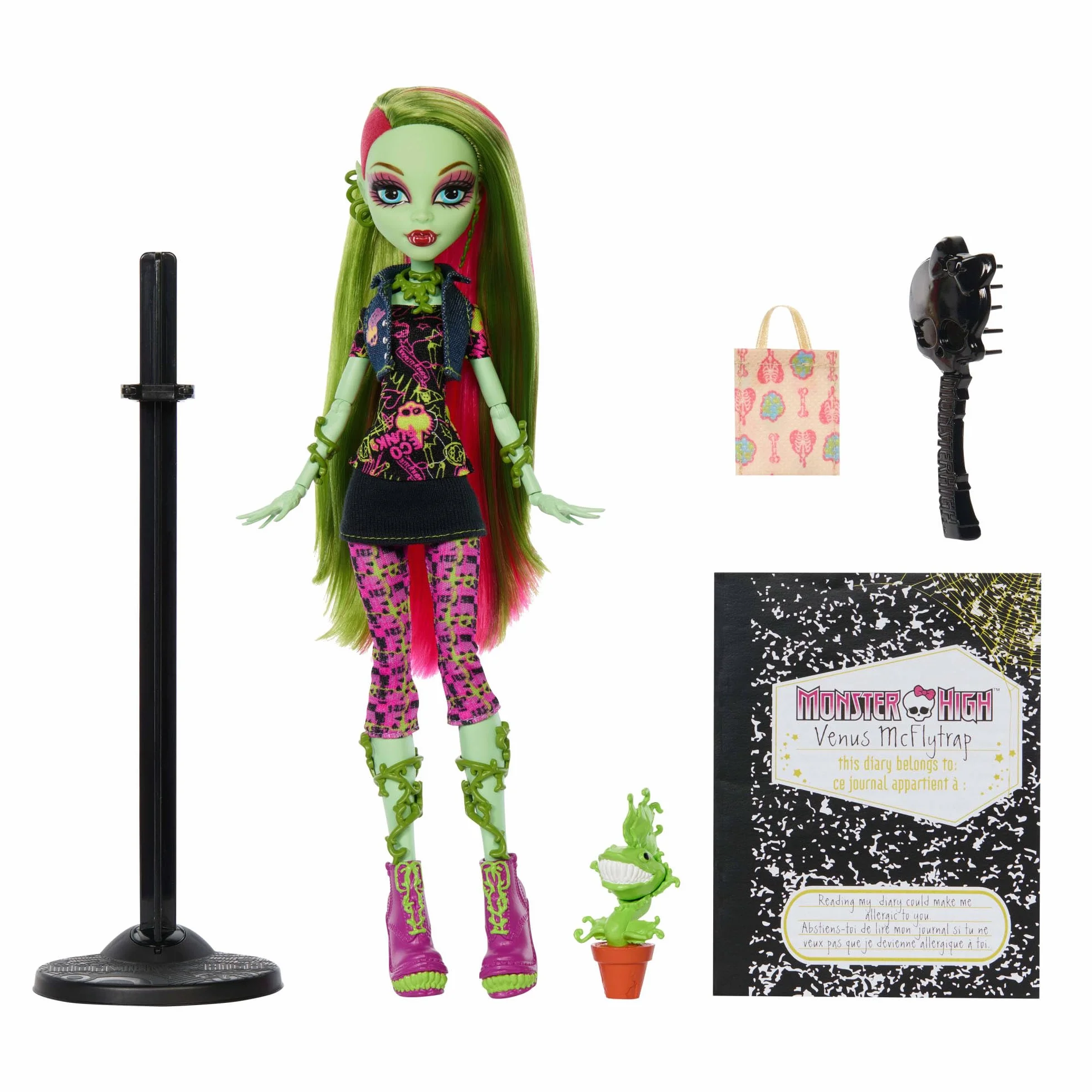 Monster High Venus McFlytrap Reprodukcja Lalka kolekcjonerska, podstawka, pamiętnik i zwierzątko Chewlian, zabawka dla dzieci 6+, fanów i kolekcjonerów, JHK58