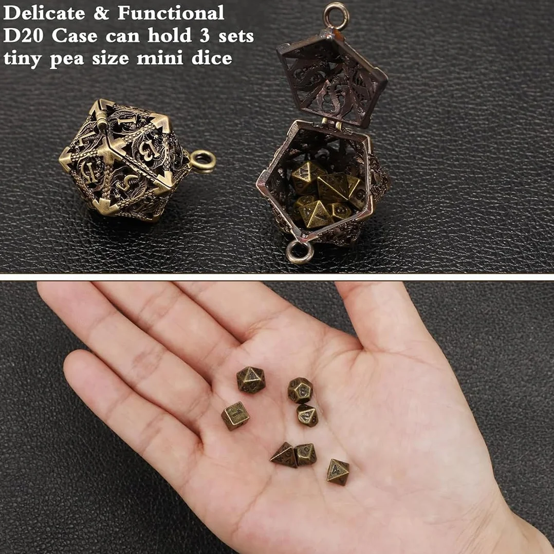 Mini kostka DND, zestaw do gry z obudową do MTG RPG D&D D4 D6, D8, D%, D10, D12, D20 - antyczny brąz