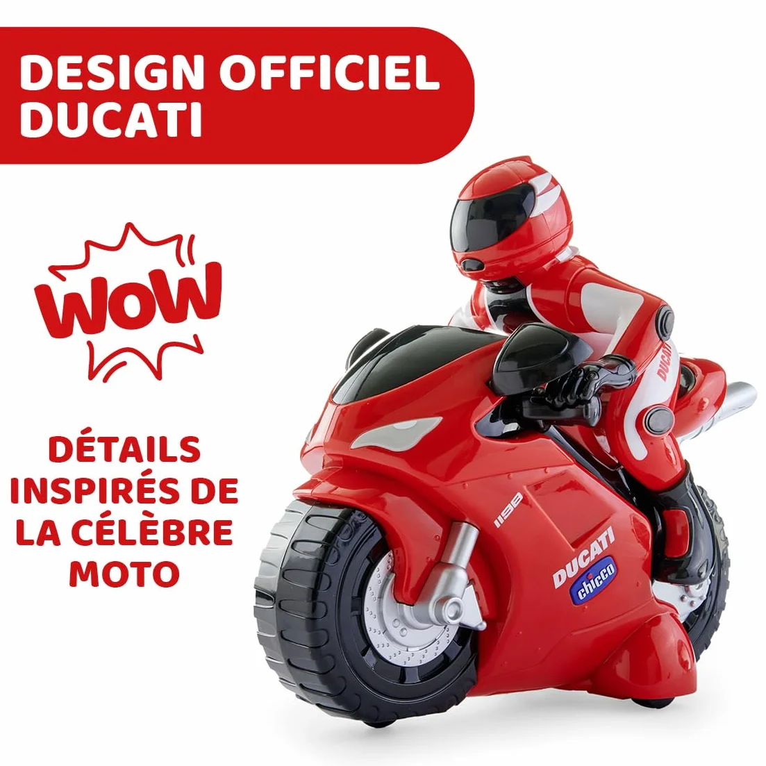Motocykl Chicco Ducati z Intuicyjnym Sterowaniem Radiowym na Kierownicy, Zdalnie Sterowanym Klaksonem i Dźwiękami Silnika, Prezent dla Chłopca i Dziewczynki powyżej 2 lat, Zabawki dla Dzieci 2-6 lat
