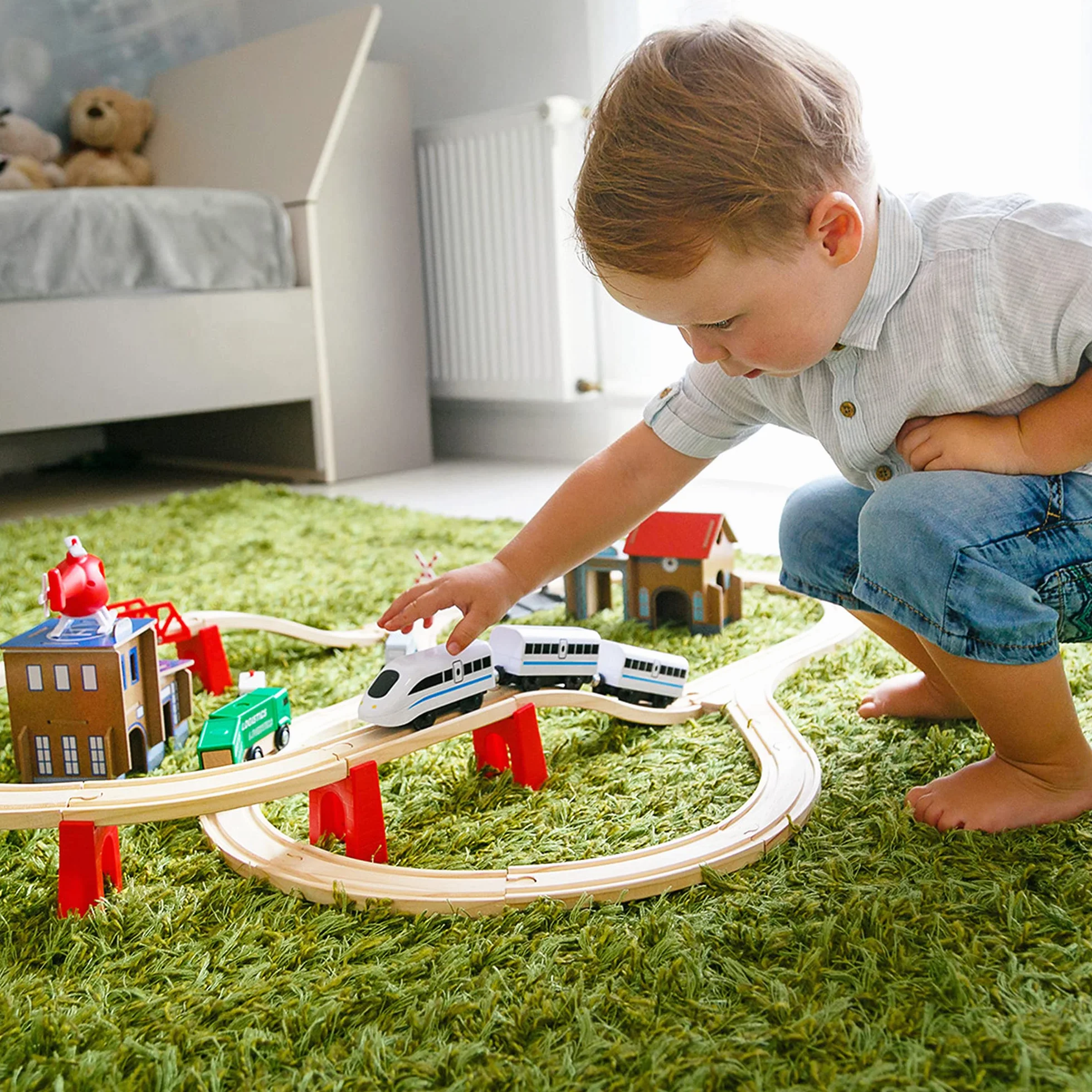 Green series drewniana kolejka, pociąg elektryczny kolejka dla dzieci, zgodny z IKEA, model GS0010