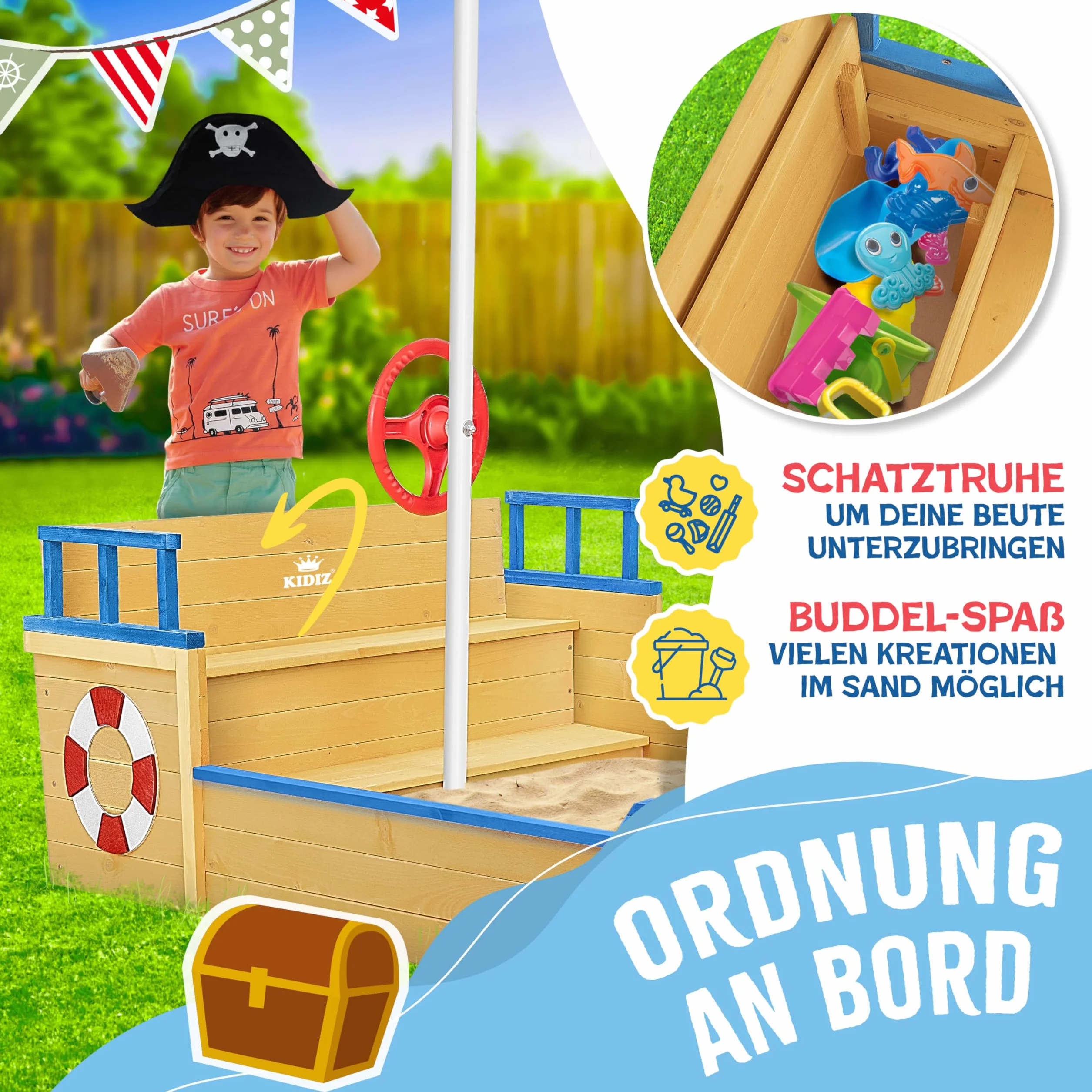 KIDIZ® Piaskownica AHOI – statek piracki, łódź żaglowa z drewna, w zestawie pokrywa, plandeka podłogowa, ławka do siedzenia, maszt flagowy, zabawki, duża piaskownica dla dzieci, do ogrodu, piaskownica