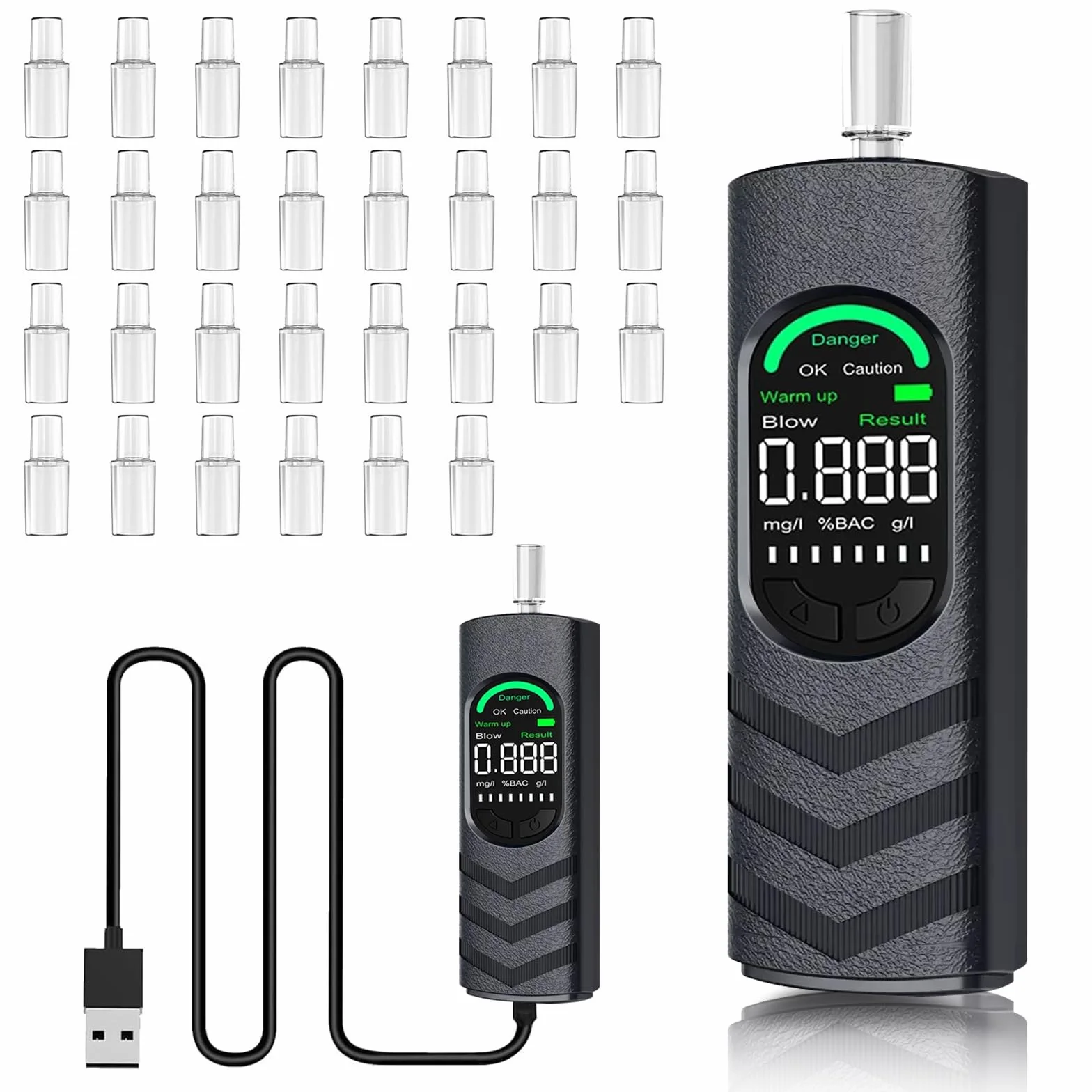 Alkotester, alkomat z 30 ustnikami, miernik alkoholu z cyfrowym wyświetlaczem LCD, profesjonalny alkomat, alkomat do domowego testu alkoholu